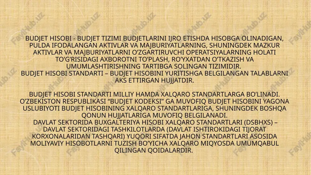 lat va boshqa maqsadli jamg‘armalarini taqsimlovchi organlar, barcha budjet tashkilotlariga tatbiq etiladi. yagona schyotlar rejasi moliyaviy hisobot elementlariga muvofiq guruhlashtirilgan aktivlar, majburiyatlar, daromadlar, xarajatlar, kapital va moliyaviy natijani o‘zida ichiga oladi. yagona schyotlar rejasi uning tarkibiy qismi bo‘lgan schyotlarga va subschyotlarga ajratiladi. tarkibiy schyotlar tegishli subschyotlarga bo‘linmasa, ushbu tarkibiy schyot subschyot sifatida foydalaniladi. yagona schyotlar rejasini qo‘llash yo‘nalishlari -g‘aznachilik bo‘linmalari, davlat maqsadli jamg‘armalarini taqsimlovchi organlar o‘zbekiston respublikasining budjet tizimi budjetlarining va boshqa budjetdan tashqari jamg‘armalarining hamda budjet tashkilotlari moliyaviy-xo‘jalik faoliyatining budjet hisobi -g‘aznachilik bo‘linmalari, iqtisodiyot va moliya organlari, davlat maqsadli jamg‘armalarini taqsimlovchi organlar mazkur standartda keltirilgan o‘zbekiston respublikasining budjet tizimi budjetlari va boshqa budjetdan tashqari jamg‘armalarining budjet hisobida yagona schyotlar rejasini qo‘llash tartibiga muvofiq o‘zbekiston respublikasining budjet tizimi budjetlarining va boshqa budjetdan tashqari jamg‘armalarining budjet hisobini yuritadi. budjet hisobida yagona schyotlar rejasida qo`llaniladigan asosiy tushunchalar: aktiv schyot (a) — bu aktivlarni aks ettirishga mo‘ljallangan schyot bo‘lib, unda iqtisodiy resurslarning qoldig‘i …