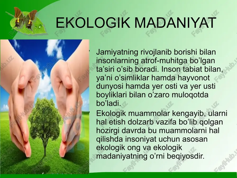 ik muammolar paydo bo'lmoqdaki, ular nafaqat ayrim davlatlar, balki butun insoniyatning kelgusi hayotini, odamzod tirikligini jiddiy xavf ostida qoldirishi mumkin. bunday muammolar sirasiga atmosfera ozon qatlamining yemirilishi, chuchuk suv zaxiralarining kamayishi, abadiy muzliklarning eriyotgani, jahon okeanining va kosmik fazoning illoslanishi, dunyoning «qizil kitobi»ga kiritilgan noyob o`simlik va hayvonlarning keskin kamayib borayotgani va boshqa ko`plab dolzarb muammolarni kiritish mumkin. afsuski, bizga sobiq sho'rolar davlatidan og'ir ekologik muam­molar ham meros bo'lib qolgan. ulardan eng kattasi, bilasizki, orol dengizi, qurishi hilan bog'liq. o'zbekiston bu masalaning ijobiy yechimini topish, muammoni yanada chuqurlashishining oldini olish, orolbo'yi hududida yashovchi aholini har jihatdan muhofaza qilish borasida ko'plab chora-tadbirlarni ko'rmoqda. respublikamiz rahbariyati bu murakkab masalaga dunyo ham-jamiyali e`tiborini jalb etayotgani ham, orol muammosi bir-ikki davlatning emas, butun yer yuzi-ning muammosiga aylanganini ko'rsatadi. shunga ko'ra, o'zbe­kiston respublikasi prezidenti islom karimovning 2010-yil 20-sentabrida birlashgan millatlar tashkiloli sammiti mingyillik rivojlanish maqsadlariga bag'ishlangan yalpi majlisida so'zlagan nutqidagi quyidagi o'rinlar muhim ahamiyati kasb …
