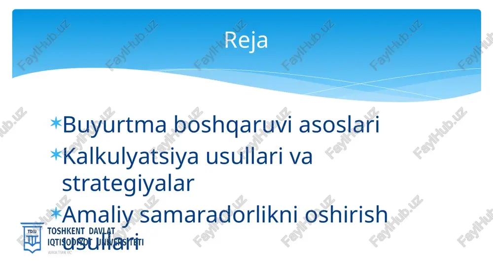 a analitik vositalar, buyurtma boshqaruvi tizimlarining samaradorligini oshirishga yordam beradi va raqobatbardoshlikni ta'minlaydi. buyurtmalarni kalkulyatsiya qilishda asosiy usullar va ularning qo‘llanilishi. asosiy usullar buyurtmalarni kalkulyatsiya qilishda asosiy usullar sifatida statistik, matematik va analitik yondashuvlar ishlatiladi, bu esa aniq natijalarga erishishni ta'minlaydi. qo‘llanilish sohalari ushbu usullar turli sohalarda, jumladan, savdo, ishlab chiqarish va logistika sohalarida buyurtmalarni hisoblash va boshqarish jarayonlarida keng qo'llaniladi. innovatsion texnologiyalar zamonaviy innovatsion texnologiyalar, masalan, big data va sun'iy intellekt, buyurtmalarni kalkulyatsiya qilishda samaradorlikni oshiradi va qaror qabul qilish jarayonini tezlashtiradi. strategik rejalashtirishning buyurtma kalkulyatsiyasidagi roli. strategik rejalashtirishning ahamiyati maqsadlarni belgilash risklarni boshqarish strategik rejalashtirish buyurtma kalkulyatsiyasini samarali boshqarish uchun zarur. bu jarayon resurslar va vaqtni optimallashtirishga yordam beradi. buyurtma kalkulyatsiyasida maqsadlarni aniq belgilash muhimdir. bu, muvaffaqiyatli strategiyalarni ishlab chiqishda va amalga oshirishda yo'naltiruvchi kuch bo'ladi. strategik rejalashtirish risklarni aniqlash va boshqarishda muhim rol o'ynaydi. bu, buyurtma jarayonlarida muammolarni oldini olish imkonini beradi. amaliyotda kalkulyatsiya usullarini optimallashtirish usullari. …