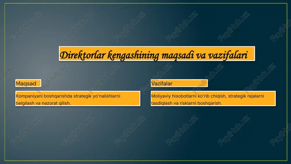 qilish, jamoada ishlash va muloqot qilish qobiliyatlari. yaxlitlik yaxlitlik, etika va shaxsiy ma'naviy qadriyatlar. 10 direktorlar kengashini tuzish jarayoni tuzish rejasi direktorlar kengashining tarkibi va faoliyati bo'yicha reja ishlab chiqish. a'zolarni tanlash tanlash mezonlariga mos keladigan a'zolarni tanlash. kengashni tashkil qilish kengashni tashkil qilish va uning faoliyatini tartibga solish. faoliyatni boshqarish kengashning faoliyatini nazorat qilish va samaradorligini baholash. 11 direktorlar kengashining samaradorligini baholash 1 nazorat kengashning qarorlari va tavsiyalari kompaniya maqsadlari bilan muvofiqlashtirilganmi? 2 samaradorlik kengash qarorlari kompaniyaning ishlashiga ijobiy ta'sir ko'rsatdimi? 3 muloqot kengash boshqaruv bilan samarali muloqot o'rnatdimi? 4 yaxlitlik kengashning qarorlari yaxlitlik va etika qoidalariga muvofiqmi? 12 kengash a'zolarining mas'uliyati va javobgarligi mas'uliyat kompaniyani strategik yo'nalishlarni belgilash va nazorat qilish. javobgarlik qabul qilingan qarorlarning natijalariga javobgarlikni o'z zimmasiga olish. 13 kengash faoliyatini baholash va takomillashtirish 1 baholash kengash faoliyatini samaradorligi va ta'sirini baholash. 2 takomillashtirish kengash faoliyatini yanada samarali va samaraliroq qilish uchun takomillashtirish choralari. 14 xulosa …