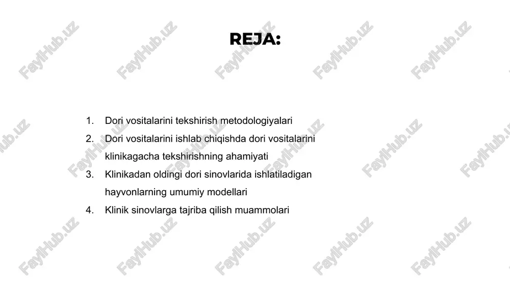 potentsial dori vositalarining xavfsizligi va samaradorligini baholash uchun hayvonlarning turli modellaridan foydalanishni o'z ichiga oladi. odatda ishlatiladigan hayvonlar modellari sichqonlar, kalamushlar va odam bo'lmagan primatlarni o'z ichiga oladi. 01 02 03 bu hayvonlar genetik jihatdan odamlarga o'xshash va o'xshash fiziologik reaktsiyalarni namoyon qiladi, bu ularni dori ta'sirini o'rganish uchun mos qiladi. ular inson klinik sinovlariga o'tishdan oldin dorilarning so'rilishini, tarqalishini, metabolizmini va chiqarilishini o'rganish uchun ishlatiladi. hayvon modellari, shuningdek, tadqiqotchilarga dorilarning farmakodinamikasi va farmakokinetikasini, shuningdek, ularning mumkin bo'lgan yon ta'sirini tushunishga yordam beradi. hayvonlarni sinash natijasida olingan bu bilimlar odamlarda sinab ko'rilishidan oldin dori vositalarini ishlab chiqish va takomillashtirishda hal qiluvchi ahamiyatga ega. klinik sinovlarga tarjriba qilish muammolari venus is the second planet from the sun mercury is the closest planet to the sun jupiter is the biggest planet of them all 1 2 3 preparatni sinovdan o'tkazish bosqichlari va talablari preparatni sinash jarayonida potentsial giyohvand moddalar inson sinovlaridan oldin …