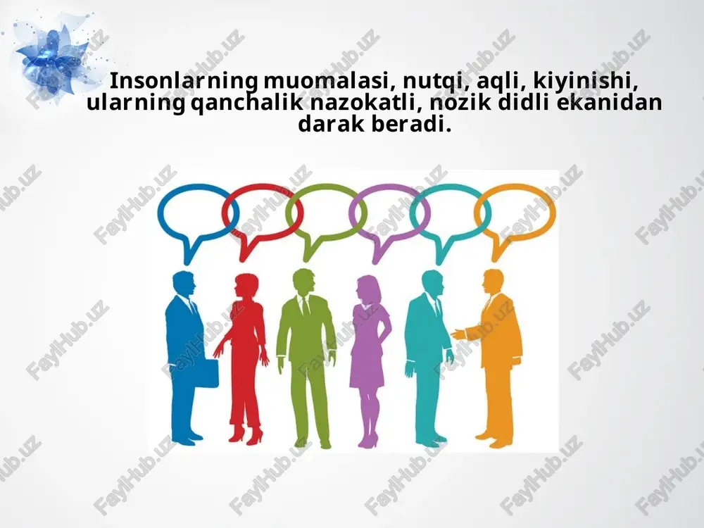 insonlarning o‘zligini anglashi, xalqining madaniy merosini, san’at, badiiy, ma’naviy merosini bilishi va qadrlashi, halol mehnat qilishi va bor kuch-g‘ayratini, bilimini vatan taqdiri yo‘lida safarbar etishi unda nafosat madaniyati shakllanganligidan dalolat beradi. savol va topshiriqlar: 1. nafosatning inson hayotidagi o‘rni nimada? 2. qanday insonlarga nisbatan «nafosatli» so‘zini ishlatamiz? 3. go‘zallikni siz qanday tushunasiz? 4. tadbirkorlar, milliy hunarmadlar tomonidan tayyorlangan buyumlarga nisbatan nafosat bilan ishlanibdi, degan iboralarni eshitganmisiz? 5. nafosatning ma’naviyat bilan qanday aloqadorligi bor? 6. mazkur rasmlarni nafosat tushunchasi bilan bog‘lang. image2.jpeg image3.jpeg image4.png image5.png image6.png image7.jpeg image8.jpeg image9.jpeg image10.jpeg image11.jpeg image12.png image13.jpeg image14.jpeg image15.jpeg image16.jpeg image1.jpeg /docprops/thumbnail.jpeg