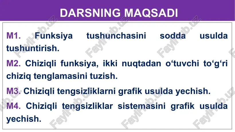 i funksiyaning to‘g‘ri chiziqqa nisbatan simmetrigini toping. yechish: funksiyaga to‘g‘ri chiziqqa nisbatan simmetrik bo‘lgan funksiya: bizning holda , va . u holda, rasmda funksiyaning grafigi tasvirlangan. ning qiymatini toping. 10 1 0 -5 -4 to‘g‘ri chiziq a(1;10) va b(-4;5) nuqtalardan o‘tgan. bundan , hosil qilamiz a(1;10) b(1;10) 3-masala misollar yechish yechish: 12 10 1 0 -5 -4 yechish: a(1;10) va b(-4;5) a(; ) va b( ; ) a(1;10) b(1;10) 2-usul: ikki nuqtadan o‘tuvchi to‘g‘ri chiziq tenglamasi formulasiga ko‘ra: hosil qilamiz misollar yechish 13 matnli masalalar misol. agar 2f(x+2)+f(4-x)=2x+5 bo‘lsa, f(x) chiziqli funksiyani toping. yechish: f(x) = kx+l f(x+2) = k(x+2)+l = kx+2k+l, f(4 - x) = k(4 - x)+l = 4k - kx+l topilgan tengliklarni misol shartiga qo‘ysak: 2kx + 4k + 2l + 4k – kx + l = 2x+5; kx + 8k + 3l = 2x + 5 k = 2 va 8k + 3l = 5 l …