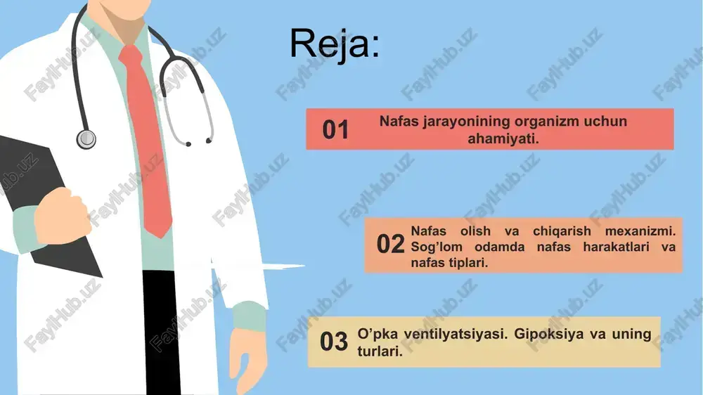 nafas olish va chiqarish mexanizmi. sog’lom odamda nafas harakatlari va nafas tiplari. nafas olish mexanizmi nafas olishni (inspiratsiyani) qovurg‘alarning ko‘tarilishi va diafragmaning yassilanishi ta‘minlaydi. umurtqalarning tanasi va yonbosh o‘simtasiga qovurg‘alarning boshi, to‘sh suyakka esa uchi tog‘ay va paylar yordamida birikkan. qovurg‘a umurtqaga birikkan ikkita nuqtadan uning nafas vaqtidagi harakatlarning o‘qi o‘tadi. nafas olganda qovurg‘a shu o‘q atrofida aylanib, ko‘tariladi. nafas chiqarilganda esa pastga tushadi. inspiratsiya vaqtida qovurg‘alarning ko‘tarilishi ko‘krak qafasining sagittal va frontal yo‘nalishlarda kattalashishini ta‘minlaydi. ayni vaqtda diafragma yassilashib, pastga tushadi va ko‘krak qafasi vertikal yo‘nalishda ham kattalashadi. ko‘krak qafasi harakatlari nafas muskullari faoliyatiga bog‘liq. tinch holatda bo`lgan sog‘ odamning nafasini diafragma va tashqi qovurg‘alararo va ichki togaylararo muskullar qisqarishi ta‘minlaydi. ular asosiy inspirator muskullardir. tashqi qovurg‘alararo va ichki tog‘aylararo muskullardagi tolalar bir qovurg‘adan ikkinchisiga orqadan oldinga va yuqoridan va pastga qarab qiyshiq yo‘nalishda o‘tgan. ular qisqarganda ko‘krak qafasi ikki yonga va orqadan oldinga qarab kengayadi. diafragmaning qisqarishi esa …
