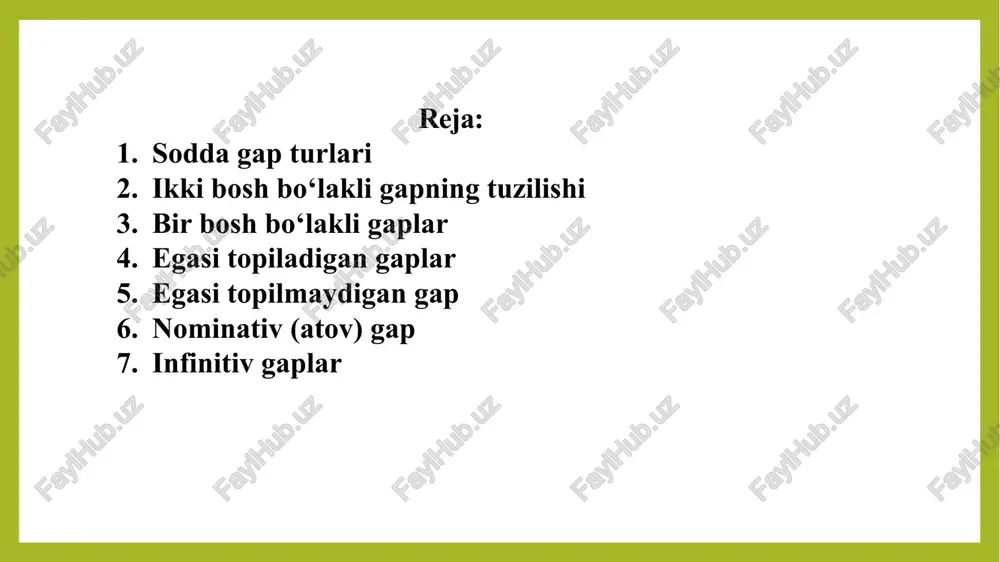 bosh bo‘lakli gaplar bir bosh bo‘lakli gaplarning tuzilish asosi yo kesim tarkibidan, yo ega tarkibidan tashkil topadi. kesim yoki kesim tarkibidan tashkil topgan gaplarda ega, ega yoki ega tarkibidan tashkil topgan gaplarda kesim qatnashmaydi va bunday bo‘lakka ehtiyoj ham bo‘lmaydi. bunday gaplarda predikativlik bir bo‘lak bilan ifodalanadi. masalan: oyko‘lliklarni yaxshi gaplar bilan yo‘ldan qaytarishdi (p. q.). bugungi ishni ertaga qo‘yma. (maqol). yosh bo‘lsa ham ko‘p narsani boshidan kechirgan. (p.qodirov). oqshom chog‘i... vatan bo‘ylab qadam - qadamlab quyosh o‘tdi dengizlar, tog‘lar ortiga. (shayxzoda). aqlni beaqldan o‘rgan. (maqol). bir bosh bo‘lakli gaplar, bosh bo‘lakning qaysi biridan tashkil topishiga ko‘ra, ikki guruhga bo‘linadi: egasiz gaplar, kesimsiz gaplar. egasiz bir bosh bo‘lakli gaplar faqat kesim tarkibidan iborat bo`lib, egani topish mumkin yoki mumkin emasligiga ko‘ra egasi topiladigan va egasi topilmaydigan gaplarga bo‘linadi. kesimsiz bir bosh bo‘lakli gaplar nominativ (atov) gaplardir. 1. egasi topiladigan gaplar egasi topiladigan gaplarda egasini kesim orqali beriladigan so‘roq bilan topish …