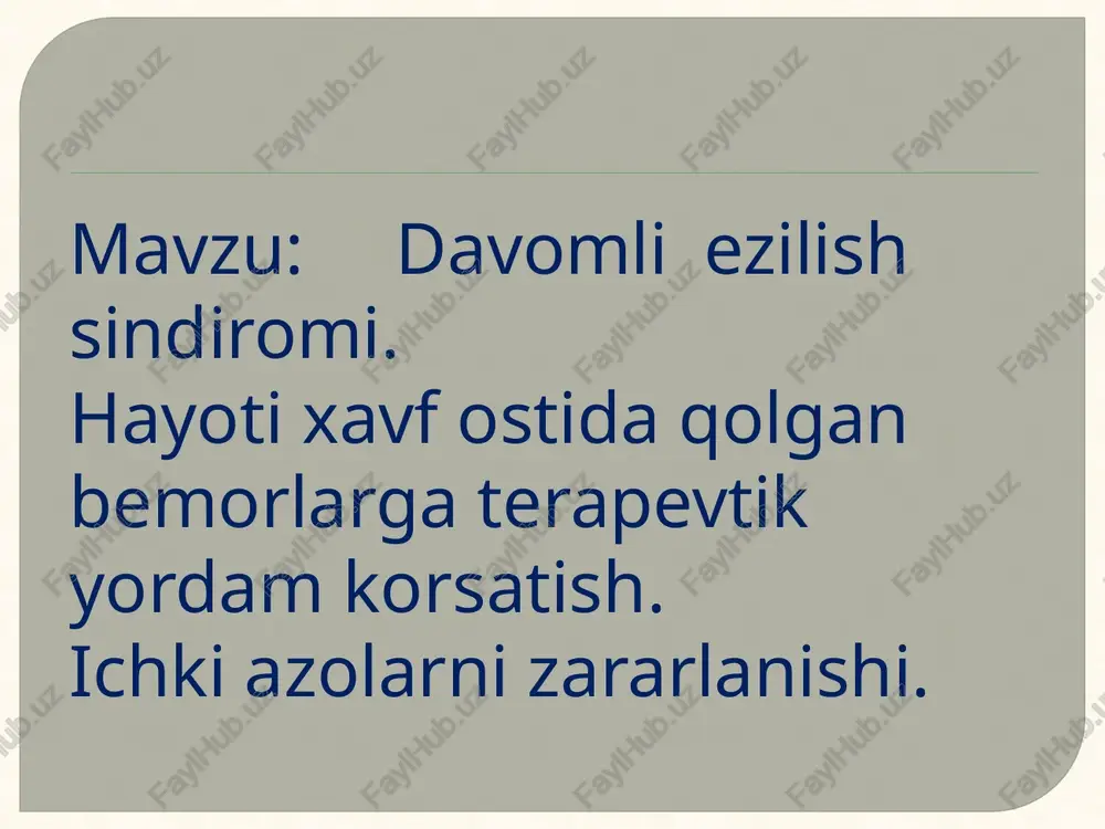 llikning 3-davrida (2-3 oy davom etadi) kasallik unchalik ogir kechmaydi, buyurak faoliyati tiklanib, siydikda slindir, oqsil, eritrotsidlar yo’qolib boradi. yumshoq toqimalarning ezilish darajasi va qancha vaqt og’irlik ostida bo’lganiga qarab uzoq ezilish 3 turga bo’linadi 1. yengil turida yumshoq toqimalar 4 soatgacha ogirlik ostida eziladi bunda buyurak faoliyati sal buzilib, bir necha kun ichida bemor sogayib ketadi. 2. o’rta og’ir turida ezilish og’irlik ostida 6 soatgacha qolib ketganda kuzatiladi. bunda bir necha kun mobaynida siydik miyoglobin xisobiga rangi o’zgaradi. bemor kam harakat bolib qoladi, kongli ayniydi, qon zardobida mochevina va kreatinin miqdori oshib ketadi . 3. og’ir turida 6-8 soatgacha qolib ketadi bemorda shok o’tkir buyurak yetishmovchiligi belgilari: ko’ngil aynish, qusish, hushdan ketish kuzatiladi. qonda azot miqdori oshadi buyurak mutlaqo siydik ajratmay qo’yadi . 4. o’ta og’ir turida 8 soatdan ko’proq, yuk sotida qolib ketganda kuzatilib kuchli shok rivojlanadi jabirlanuvchi 1-2 kun ichida nobud boladi. davolash: uzoq ezilish holatini davolash …