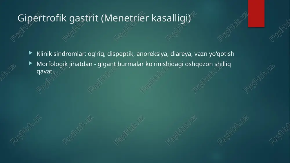 asida ureaza fermentini aniqlash bakteriologik (madaniy) sitologik - barmoq izlari smearlarining mikroskopiyasi immunohistokimyoviy - monoklonal antikorlardan foydalanish molekulyar genetik (pcr, biopsiya namunalarida patogen dnk parchalarini aniqlash va boshqalar). 8 helicobacter pylori (hp) ni tekshirish usullari invaziv emas: immunologik: elishay - qonda hp ga antikorlarni aniqlash, bir bosqichli immunoxromatografik usul (antigen testi) - axlatda nafas testi - ekshalatsiyalangan havoda ureaza faolligini aniqlash 9 c-ureaz nafas testi 13 c bilan belgilangan yutilgan karbamidning ammiak va co2 hosil qilish uchun hp ureaza ta'sirida parchalanishiga asoslanadi . ekshale qilingan co2 tarkibidagi 13 c miqdori aniqlanadi va uning darajasiga qarab hp infektsiyasi haqida xulosa chiqariladi . helicobacter pylori infektsiyasining birlamchi tashxisi uchun ham, davolashni kuzatish uchun ham qo'llaniladi (juda qimmat) 10 helikobakterioz diagnostikasi. (mikroskopiya. gram bo'yash.) 11 helikobakterioz diagnostikasi. (mikroskopiya. maxsus bo'yash) 12 helikobakterioz diagnostikasi. (ureaz testlari.) a) hp indikator mavjudligida biopsiya namunalarida ureaza miqdori bilan aniqlanadi (rasm). 13 yoki c 14 izotoplari bilan co …
