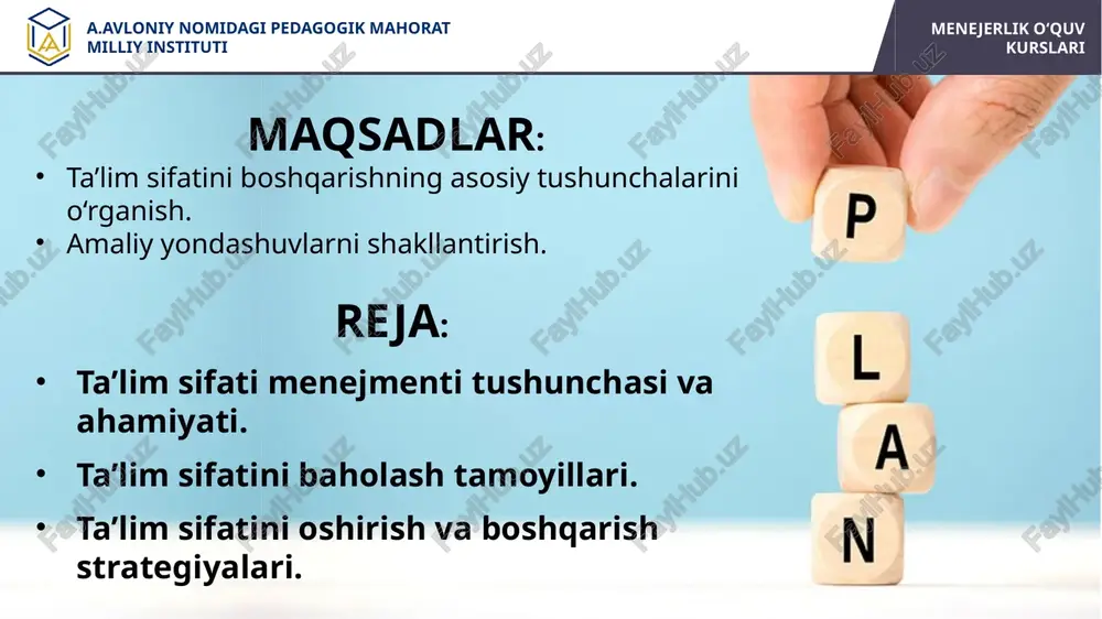 jmenti – samaradorlikni oshirish uchun tizimli boshqaruv. asosiy bosqichlar: rejalashtirish. amalga oshirish. baholash. barchani qamrab oluvchi, teng huquqli hamda sifatli ta’limni ta’minlash va barcha uchun uzluksiz ta’lim olish imkoniyatini kengaytirish. sifatli ta’lim a.avloniy nomidagi pedagoglarni kasbiy rivojlantirish va yangi metodikalarga o‘rgatish milliy-tadqiqot instituti menejerlik o‘quv kurslari ta’limning asosiy maqsadi sifatli ta’limni tashkil etuvchi komponentlar o‘quv sharoiti o‘quv jarayoni menejment sifatli sifatli sifatli resurslar sifatli a.avloniy nomidagi pedagoglarni kasbiy rivojlantirish va yangi metodikalarga o‘rgatish milliy-tadqiqot instituti menejerlik o‘quv kurslari o‘quv reja va dasturlar (variativ); zamonaviy darsliklar; o‘quv va metodik adabiyotlar; ta’limiy platformalar; o‘quv resurslari a.avloniy nomidagi pedagoglarni kasbiy rivojlantirish va yangi metodikalarga o‘rgatish milliy-tadqiqot instituti menejerlik o‘quv kurslari kadrlar bilan ta’minlanganlik; kadrlar salohiyati; sinf xonasining jihozlanishi; o‘quv-laboratoriya jihozlari; zamonaviy kompyuter texnikasi; sifatli internet tarmog‘i; kutubxona va arm; o‘quv sharoiti a.avloniy nomidagi pedagoglarni kasbiy rivojlantirish va yangi metodikalarga o‘rgatish milliy-tadqiqot instituti menejerlik o‘quv kurslari ta’lim muassasasining navbatliligi; dars jadvalining to‘g‘ri tuzilganligi; metodbirlashmalarning …
