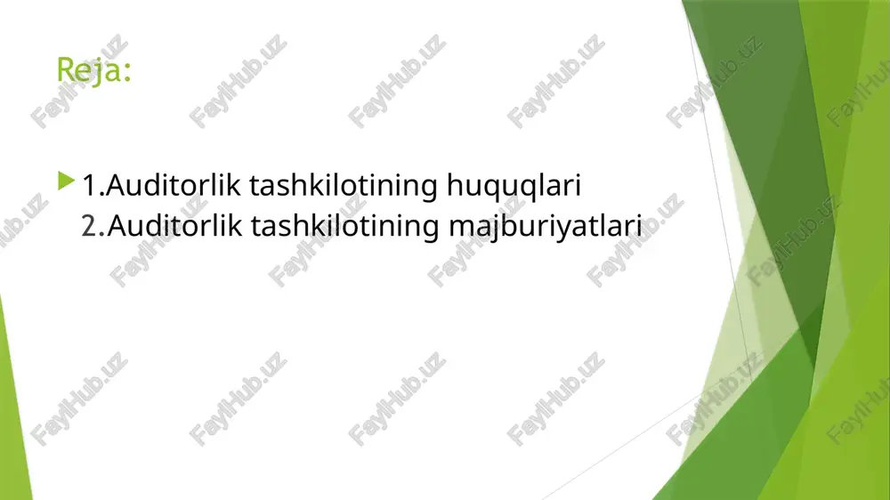 mitasidan auditorlik tekshiruvi jarayonida yuzaga kelgan masalalar yuzasidan og‘zaki va yozma tushuntirishlar olish hamda auditorlik tekshiruvi uchun zarur bo‘lgan qo‘shimcha ma’lumotlar olishga; uchinchi shaxslardan axborotning yozma tasdiqnomalarini olishga; auditorlik xulosasini tuzish uchun zarur bo‘lgan axborot xo‘jalik yurituvchi subyekt tomonidan taqdim etilmagan taqdirda auditorlik tekshiruvi o‘tkazishni rad etishga; auditorlik tashkiloti, basharti quyidagi majburiy shartlarga rioya etsa, qonunchilikda nazarda tutilgan istalgan tashkiliy-huquqiy shaklda, bundan aksiyadorlik jamiyati mustasno, tashkil etilishi va o‘z faoliyatini amalga oshirishi mumkin: auditorlik tashkiloti o‘zi uchun asosiy ish joyi bo‘lgan auditorlarning eng kam soni shtatdagi kamida to‘rt nafar auditordan iborat bo‘ladi; auditorlik tashkilotining ustav fondi (ustav kapitali) auditorlik tashkiloti o‘z faoliyatini amalga oshirishda bevosita foydalanadigan mol-mulkdan, shu jumladan pul mablag‘laridan shakllantiriladi; auditorlik tashkiloti boshqa auditorlik tashkilotining muassisi (ishtirokchisi) bo‘lishi mumkin emas. ushbu moddaning oltinchi qismi talablariga muvofiq bo‘lmagan taqdirda auditorlik tashkiloti nomuvofiqlik yuzaga kelgan kundan e’tiboran besh kun muddatda vakolatli davlat organini bu haqda yozma yoki elektron shaklda xabardor …