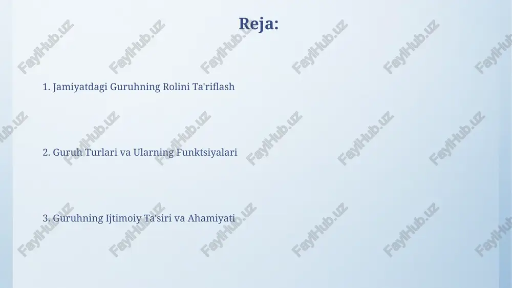 individualistik jamiyatlar, misol uchun, aqshdan farq qiladi. guruh turlari va ularning xususiyatlari etnik guruhlar, masalan, qoraqalpog‘iston respublikasidagi qoraqalpoqlar jamoasi, o‘ziga xos madaniy an’analar, til va urf-odatlar bilan ajralib turadi, ularning ijtimoiy hayotdagi roli esa avlodlar davomida shakllanib kelgan. kichik guruhlar, 5-7 kishidan iborat oila yoki do‘stlar guruhlari singari, yaqin munosabatlarga va shaxsiy aloqalarga asoslangan bo‘lib, a’zolarning o‘zaro ta’siri va birgalikdagi maqsadlari aniqroq ifodalanadi. guruh normalari va qoidalari jamoalardagi normalar va qoidalar 30 dan ortiq shaxsni o'z ichiga olgan katta guruhlarda, masalan, toshkent shahridagi mahallalarda, rasmiy yozma qoidalardan ko'ra an'anaviy normalar ko'proq amal qiladi. o'zbekistondagi 5 ta turli mintaqadan olingan ma'lumotlarga ko'ra, kichik guruhlardagi ichki normalar shaxsiy munosabatlarga, katta guruhlarda esa jamoaviy maqsadlarga ko'proq yo'naltirilgan. guruhning ijtimoiy o'zgarishdagi roli oʻzbekistonning 2000-yillardagi qishloq xoʻjaligidagi islohotlarida dehqonlar guruhlari oʻzaro hamkorlik orqali samaradorlikni 15% ga oshirishga erishdilar, bu ijtimoiy-iqtisodiy rivojlanishda guruhlar ta'sirini koʻrsatadi. guruh faoliyati, masalan, 1989-yilda boltiqboʻyi davlatlarida boʻlib oʻtgan inqiloblar kabi, keng …