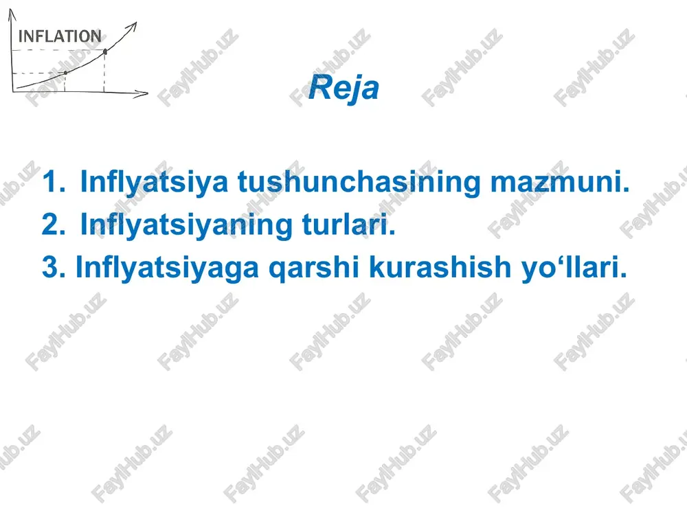 arning asosiy qismi urush olib borish uchun zarur bo‘lgan mahsulotlarni ishlab chiqarishga o‘tkaziladi. inflyatsiyaning turlari 2. chiqim (taklif) inflyatsiyasi chiqim (taklif) inflyatsiyasi tovarlarni ishlab chiqarish uchun zarur bo‘lgan xarajatlarning oshib ketishi bilan bog‘liq. tovarlarni ishlab chiqarish bilan bog‘liq bo‘lgan va ularning tannarxining asosiy qismini tashkil qiluvchi ikki xarajat turi mavjud. bularning birinchisi xom-ashyo va materiallar sotiib olish xarajatlari bo‘lsa, ikkinchisi ish haqi xarajatlaridir. inflyatsiyaning turlari 3. mo‘tadil (normal) inflyatsiya xalqaro valyuta fondi ekspertlarining xulosasiga ko‘ra, agar inflyatsiyaning yillik darajasi 3 foizdan oshmasa, bu mo‘tadil inflyatsiya hisoblanadi. yevrohudud mamlakatlari uchun inflyatsiyaning yillik sur'atini 2 foizdan oshishiga yo‘l qo‘ymaslik talabi qo‘yilgan. inflyatsiyaning turlari 4. sudraluvchi inflyatsiya bunda tovarlar va xizmatlarning baholari sekin va past sur'atlarda o‘sib oradi. ko‘pchilik ekspertlarning fikriga ko‘ra, sudraluvchi inflyatsiya sharoitida baholarning yillik o‘sish sur'ati 5 foizdan 10 foizgacha bo‘ladi. inflyatsiyaning turlari 5. yo‘rg‘alovchi inflyatsiya bunda baholarning yillik o‘sish sur'ati 10 foizdan 50 foizgacha bo‘ladi. yo‘rg‘alovchi inflyatsiyada baholarning o‘sishi …