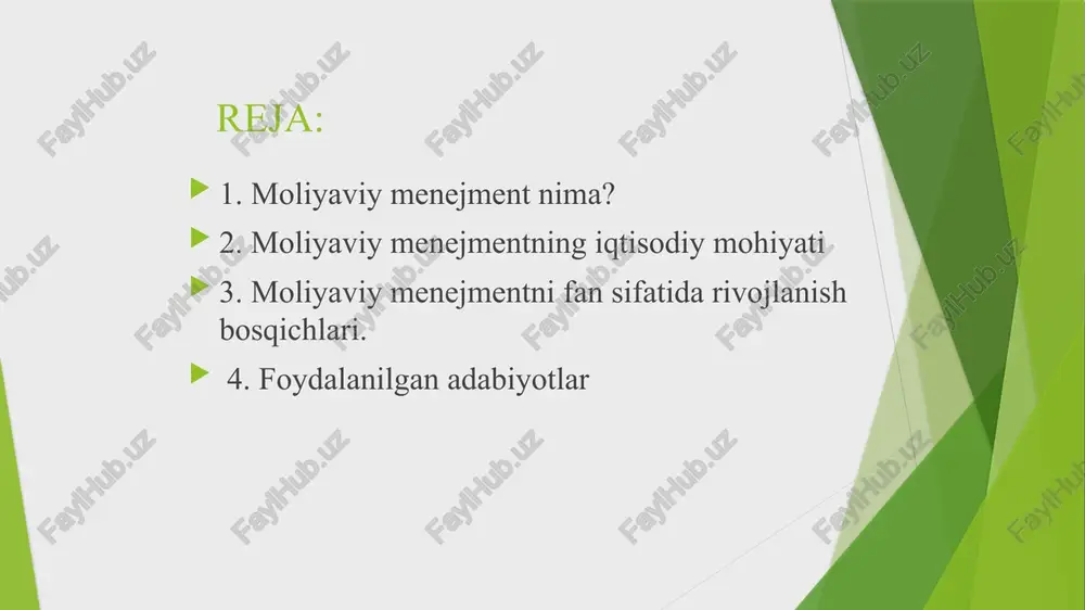 agi menejerlarga boʻlinadi. «moliyaviy menejment» fani iqtisodiyot sohasi uchun mutaxassislar tayyorlash tizimida asosiy o‘rinlardan birini egallaydi. korxonalarning samarali va barqaror sur’atlar bilan faoliyat yuritishi, mavjud iqtisodiy sharoitlarda raqobatbardoshligi ularning asosan moliyaviy boshqaruv darajasi bilan belgilanadi. menejment (inglizcha: management) — boshqarish, tashkil etish) — maxsus boshqarish faoliyati; boshqarish toʻgʻrisidagi fan. menejment fanining mazmuni boshqaruv tizimi va boshqaruv obʼyekti orasidagi oʻzaro munosabat boʻlib, uning asosiy vazifasi boshqaruvning zamonaviy usullarini, rahbarlik sanʼati sirlarini oʻrganishdan iborat. boshqaruv — tanlov, qaror qabul qilish va uning bajarilishini nazorat etish jarayonidir. uning asosiy maqsadi bozor munosabatlari sharoitida barcha boʻgʻinlarda ishlay oladigan yuqori malakali boshqaruvchilarni tayyorlashdan iborat. menejment ijtimoiy-iqtisodiy, ijtimoiy-huquqiy, kibernetika va boshqa fanlar bilan aloqadordir. menejment dastavval iqtisodiy nazariya fani bilan yaqindan bogʻliq. u iqtisodiy qonunlarni bilib olishga va ularga mos ravishda boshqarish jarayonida iqtisodiy usullarni qoʻllashga, har bir xodimga va jamoaga taʼsir koʻrsatishga asoslanadi. bir qancha iqtisodiy fanlar: makroiqtisodiyot, mikroiqtisodiyot, statistika, mehnat iqtisodiyoti kabilar ham menejment …
