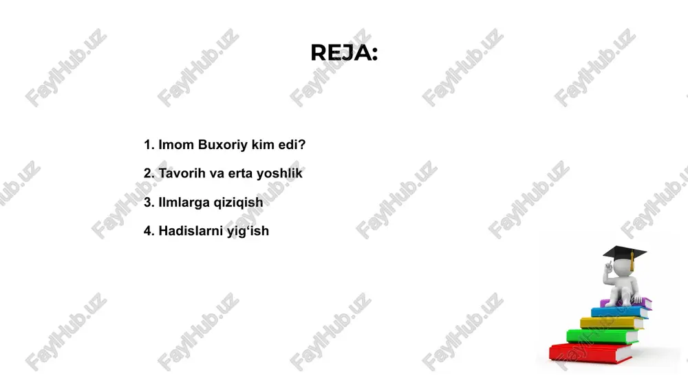 va to‘g‘ri saqlanishida katta yordam bergan. bu ishlar hadis ilmining rivojiga turtki bo‘ldi. imom buxoriy va uning hadislarni yig‘ish me’yorlari, talab va yondashuvlari musulmonlar uchun diniy va madaniy hayotda muhim poydevor bo‘lib xizmat qiladi. asosiy asarlari 01. 02. 03. imom buxoriy, hanafi fiqh va hadis ilmining buyuk olimi, islom tarixi va hadis hadis ilmi rivojlanishida muhim rol o'ynagan shaxsdir. uning asarlari qadrli manba hisoblanadi. uning eng mashhur asari 'al-jamia as-sahih', hadis ilmida katta ahamiyatga ega bo'lib, hadislarni to'g'ri va aniq tasniflashda asos bo'lib xizmat qiladi. o'z zamonasida keng tarqalgan. imom buxoriyning ilmi, fidoyiligi va zakovati namuna bo'lib, musulmon dunyosida ilm va adolat örnagi sifatida qadrlanadi. uning asarlari bugungi kungacha o'qiladi va hurmat qilinadi. ilm va diniy ta'limotlari imom buxoriy ilm va diniy ta'limotlarning muhim durdonasi bo'lib, hadis ilmi va sunnatning asosiy manbalarini chuqur o'rganishga katta ahamiyat beradi. uning asarlarida axloq, ezgulik va diniy qadriyatlar muhim o'rin egallaydi, muhim diniy bilimlarni …