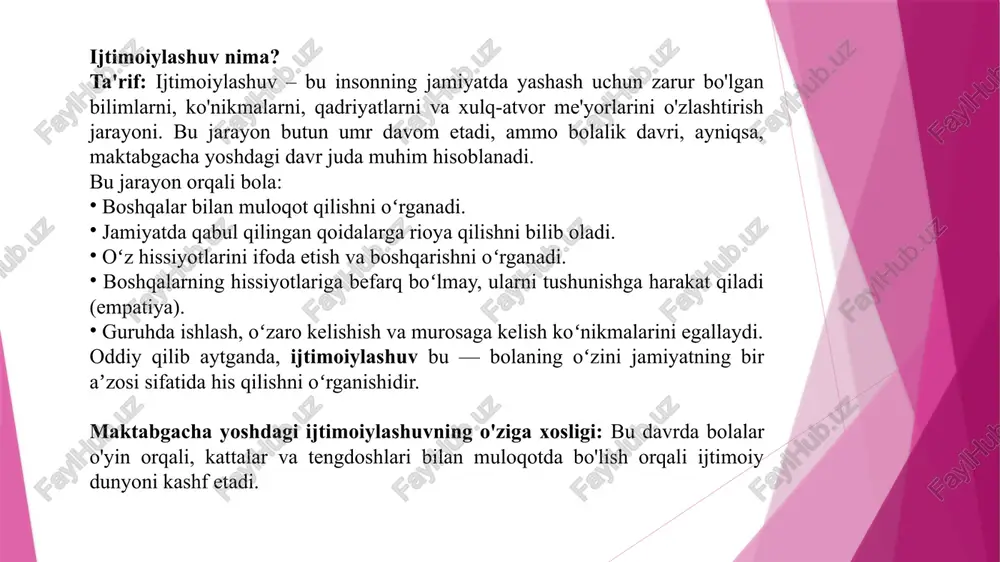 3-7 yosh (maktabgacha yosh): haqiqiy ijtimoiylashuv davri. bola do'stlar orttiradi, guruh o'yinlarida qatnashadi. u muloqot qilish, hamkorlik qilish va o'z his-tuyg'ularini boshqarishni o'rganadi. ijtimoiylashuvga ta'sir etuvchi omillar ; oilaviy muhit: ota-onaning e'tibori, oiladagi muloqot uslubi, qadriyatlar ijtimoiylashuvning poydevori hisoblanadi. maktabgacha ta'lim tashkiloti (bog'cha): tengdoshlari bilan muloqot qilish, o'yin qoidalariga rioya qilish, jamoa bo'lib ishlash ko'nikmalari aynan bog'chada shakllanadi. tengdoshlar guruhi: do'stlar bilan o'yinlar, mojarolarni hal qilish, bir-biriga yordam berish orqali bola ijtimoiy qoidalarni o'rganadi. ommaviy axborot vositalari: multfilmlar, kitoblar, onlayn o'yinlar ham bolaning ijtimoiy dunyoqarashiga ta'sir ko'rsatadi. asosiy omillar; 1. oila: bu ijtimoiylashuvning eng muhim va birlamchi omili. bola ijtimoiy ko'nikmalarning dastlabki asoslarini oilada oladi. ota-onaning munosabati, bolaga beriladigan e'tibor, oiladagi qadriyatlar va muloqot madaniyati bolaning o'z-o'ziga ishonchi, dunyoga bo'lgan munosabati va xulq-atvorini shakllantiradi. 2. maktabgacha ta'lim tashkiloti (bog'cha): oila davrasidan tashqaridagi birinchi ijtimoiy muhit. bog'cha bolaga o'z tengdoshlari bilan muloqot qilish, hamkorlikda ishlash, o'yin qoidalariga rioya qilish va mojarolarni …