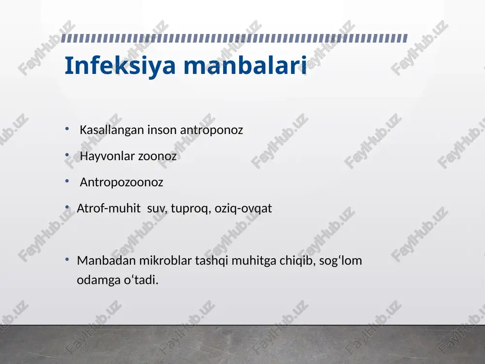 3. qabul qiluvchi organizm - qo‘zg‘atuvchi organizmga kirgach, immun tizimi zaif bo‘lsa, kasallik rivojlanadi. har qanday halqa uzilsa, kasallik tarqalishi to‘xtaydi. profilaktika choralari 🧼 qo‘llarni tez-tez yuvish 💧 toza suv va gigiyenik ovqatlanish 💉 emlanish 🏠 kasallarni izolyatsiya qilish 🐜 hasharotlarga qarshi kurash emlashning ahamiyati emlash — infeksion kasalliklarning oldini olishning eng samarali usuli. organizmda sun’iy immunitet hosil qiladi. masalan: qizamiq, tetanos, gepatit b. xulosa infeksion kasalliklar xavfli, ammo ularning oldini olish mumkin. har bir inson gigiyenaga rioya qilib, sog‘lom turmush tarzini olib borishi lozim. foydalanilgan adabiyotlar 1. ssv – infeksion kasalliklar profilaktikasi (2023) 2. who infection prevention guidelines (2022) 3. karimova n. “tibbiyot mikrobiologiyasi”, 2021 4. www.ssv.uz, www.who.int image2.emf image1.jpg /docprops/thumbnail.jpeg