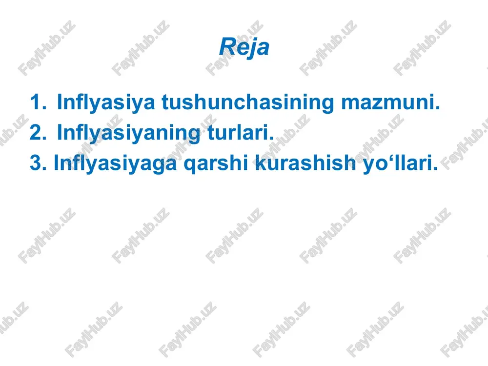 osasiga ko‘ra, agar inflyasiyaning yillik darajasi 3 foizdan oshmasa, bu mo‘tadil inflyasiya hisoblanadi. yevrohudud mamlakatlari uchun inflyasiyaning yillik sur'atini 2 foizdan oshishiga yo‘l qo‘ymaslik talabi qo‘yilgan. inflyasiyaning turlari 4. sudraluvchi inflyasiya bunda tovarlar va xizmatlarning baholari sekin va past sur'atlarda o‘sib oradi. ko‘pchilik ekspertlarning fikriga ko‘ra, sudraluvchi inflyasiya sharoitida baholarning yillik o‘sish sur'ati 5 foizdan 10 foizgacha bo‘ladi. inflyasiyaning turlari 5. yo‘rg‘alovchi inflyasiya bunda baholarning yillik o‘sish sur'ati 10 foizdan 50 foizgacha bo‘ladi. yo‘rg‘alovchi inflyasiyada baholarning o‘sishi sakrovchi bo‘ladi. davlat tomonidan qo‘shimcha pul emissiyasini amalga oshirilishi ham yo‘rg‘alovchi inflyasiyani yuzaga kelishiga sabab bo‘ladi. inflyasiyaning turlari 6. giperinflyasiya giperinflyasiyada tovarlar va xizmatlarning baholarini oylik o‘sish sur'ati 50 foizga yetadi va undan oshadi. demak, inflyasiyaning yillik darajasini 600 foizga yetishi giperinflyasiya hisoblanadi. giperinflyasiyaning kuchayishi natijasida milliy valyuta o‘zining xarid qobiliyatini yo‘qotadi va buning natijasida davlat pul islohoti o‘tkazishga majbur bo‘ladi. germaniyada pul qadrsizlanishi 1923 yilda, ya'ni birinchi jahon urushidan so‘ng 1,3 trln. …