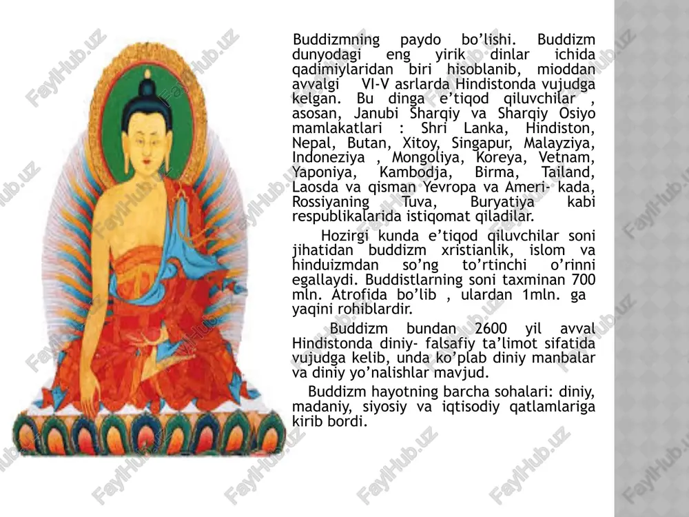 . odamlar bu holatni kishilik jamiyati inqirozi, deb hisoblaganlar. ana shunday sharoitda ular najotga muhtojlik sezganlar. bu muhtojlikning aks-sadosi sifatida buddaviylik dini- najot dini vujudga kelgan. bu din hindistonda keng tarqala boshlagan. chunki, u jamiyat turli tabaqa- larining manfaatiga javob berardi. u kshatriylar uchun brahmanlarning hukmron mavqeiga, imtiyozlariga, shuningdek, kastaviy kamsitishlariga arshi kurashda qurol bo’lib xizmat qilardi. oddiy mehnatkash xalq ommasiga esa bu din o’zlarining oqir ahvollaridan qutulish yo’llarini ko’rsatgandek bo’lgan. brahmanlik dini esa hatto aldanish ko’rinishida bo’lsa ham bunday yo’lni ko’rsarta olmagan. eng past, huquqsiz kasta a’zolari ham buddaviylarning monaxlik jamoasiga a’zo bo’lib kira olardilar. bu bilan ular jamoaning teng huquqli a’zosiga aylanardilar va ma’lum insoniylik huquqlariga ega bo’lar- dilar. bundan tashqari, bu din-og’ir qurbonliklar qilishni, murakkab marosim -larni bajarishni talab etmasdi. ayni paytda, bu din ta’limotidagi “kuch ishlatmaslik” to’g’risidagi qoida hukmron sulolalar manfaatiga ham to’la javob bergan. chunki, bu qoida ularga o’z fuqarolarini itoatda tutishlarida katta omil hisoblangan. …