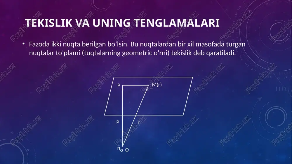 nishni oladi. bu (9) tenglama koordinatalar boshidan o’tgan tekislikni tasvirlaydi. 2. a = 0 bo’lsin, bu holda (8) tenglama by + cz + d = 0 ko’rinishni oladi. bundan ya’ni koordinatalar boshidan tekislikka o’tkazilgan perpendikulyar bilan absissalar o’qi orsidagi burchak 900 ga tengkigidan ox o’qiga parallel tekislikni tasvirlaydi. 3. b=0 bo’lsin, bu holda (8) tenglama az+cz+d=0 (11) ko’rinishni oladi. bu tenglma bilan tasvirlanga tekislik oy o’qiga parallel bo’ladi. (4-chizma) 4. c=0 bo’lsin, bu holda (8) tenglama az+by+d=0 (12) ko’rinishni oladi. bu oz o’qqa parallel tekislikni tasvirlaydi. (5-chizma) o o o x x x z z z y y y 3-chizma 4-chizma 5-chizma 6. b=0 va d=0 bo’lsin, bu holda (8) tenglama az+cz=0 (14) ko’rinoshni olado. bu tenglama oy oq’idan o’tgan. (7-chizma) tekislikni tasvirlaydi. 7. c=0 va d=0 bo’lsin, bu holda (8) tenglama ax+by=0 (15) ko’rinoshni olado. bu tenglama oz o’qidan o’tgan tekislikni tasvirlaydi. (8-chizma) o o o x x x …
