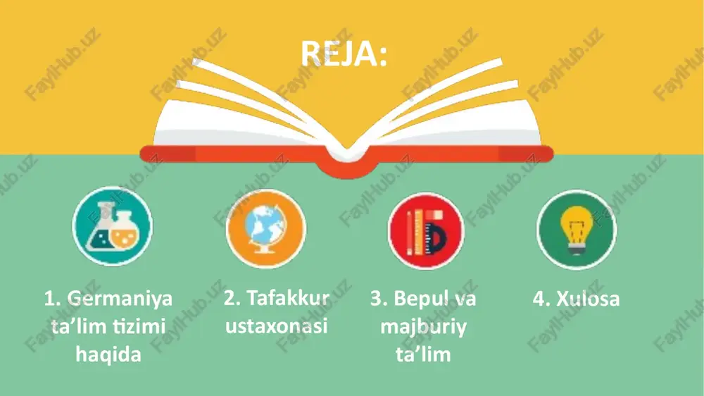 qlarga qaramasdan, barcha hududlar uchun umumiy tartib-qoidalar amal qiladi. germaniyada maktab taʼlimi majburiy va bepul. 6 yoshdan 18 yoshgacha fuqarolar majburiy tartibda taʼlim olishi shart qilib belgilangan. maktab taʼlim tizimi esa boshlang‘ich, o‘rta va yuqori bosqichlarga bo‘linadi. bolalar 5-6 yoshdan boshlang‘ich maktabga qatnaydi. boshlang‘ich maktabda o‘qish davri to‘rt yildan olti yilgacha. maktablarda birinchi, ikkinchi sinf davomida o‘quvchilarga baho qo‘yilmaydi. o‘qituvchilar baho o‘rniga bolaning individual, psixologik rivojlanish holati xususida hisobot tayyorlaydi. o‘quvchilarga 3-sinfdan baho qo‘yila boshlaydi. germaniyada 6 ballik baholash tizimi qabul qilingan. title text addition germaniyada baholash tizimi 1 – aʼlo; 2 – yaxshi; 3 – qoniqarli; 4 – yetarli; 5 – yetarli emas; 6 – qoniqarsiz. o‘quvchilar fanlarni eng kamida "4"ga o‘zlashtirishi kerak. boshlang‘ich bosqichda bolalarga matematika, nemis tili, tabiatshunoslik, musiqa, estetika fanlari o‘tiladi. maktabgacha tarbiya tizimi germaniya ta’lim tizimida ham muhim bosqich hisoblanadi. uning 100 yildan ortiq tarixi bor. bolalar bog’chalari ta’limning quyi bosqichi hisoblansada, lekin u davlat …