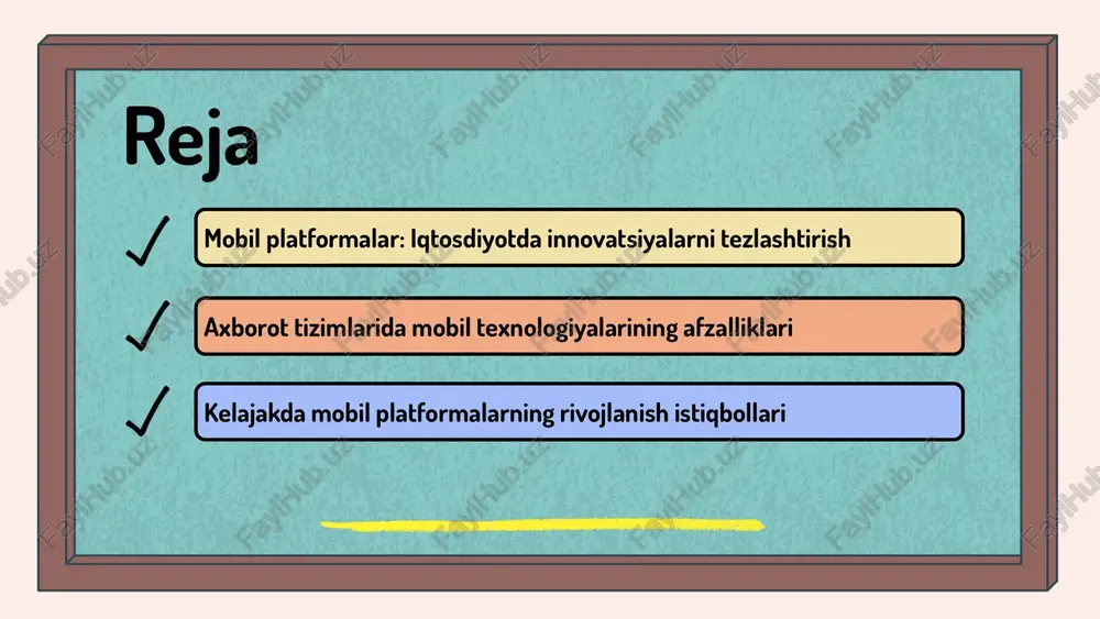 iroq tushunishga yordam beradi. mobil platformalar va iqtisodiy o'sish mobil platformalar bugungi kunda iqtisodiy o'sishning muhim omillaridan biridir, chunki ular yangi biznes modellari va xizmatlarni yaratishga imkon beradi. ular ish o'rinlari yaratish, innovatsiyalarni qo'llab-quvvatlash va iqtisodiy samaradorlikni oshirishga yordam beradi. mobil platformalar orqali iqtisodiy ko'rsatkichlarni tahlil qilish va rivojlantirish imkoniyatlari mavjud, bu esa iqtisodiy o'sishni tezlashtiradi. photo by markus spiske on unsplash 1 2 3 axborot tizimlarida mobil texnologiyalar afzalliklari mobil texnologiyalar axborot tizimlarida ma'lumotlarni tez va samarali uzatish imkoniyatini beradi. ular foydalanuvchilarga har qanday joyda, har qanday vaqtda ma'lumotlarga kirish imkonini yaratadi. mobil texnologiyalarining asosiy afzalliklari: 1. keng qamrov - mobil aloqa tarmoqlari orqali har qanday joyda muloqot qilish. 2. tezlik - ma'lumotlar tezda uzatiladi. 3. foydalanish qulayligi - mobil qurilmalar orqali xizmatlardan foydalanish oson. 2019 yilda mobil texnologiyalarni ishlatish darajasi 60% ga yetdi. 2023 yilga kelib, bu ko'rsatkich 85% ga oshishi kutilmoqda, bu esa mobil texnologiyalarning axborot tizimlarida …