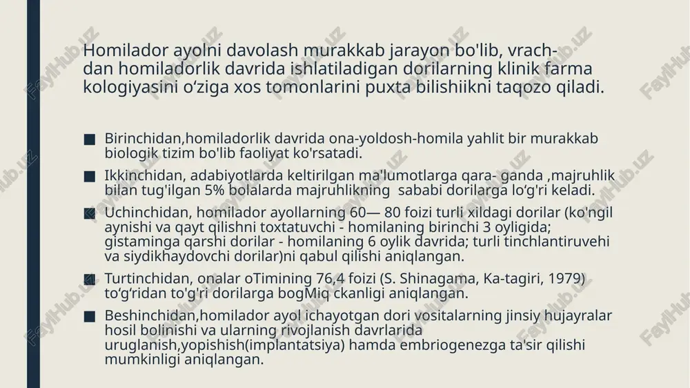 homilador ayollarni davolashda vrach quyidagilarni bilishi kerak: 2. homilador ayolga beriladigan dorilarning samaradorlik imkoniyati ularning zararli xavfidan yuqori bolishi kerak 3. homiladorlikda va homilada dorilar farmakologiyasi bir- biridan keskin farq qiladi. 4. homiladorlik davrida dorilar farmakokinetik ko‘rsat-kichlarining o'zgarishi, ularni kiritish yo‘llarini, miqdorlashni va kiritish rejasini o‘zgartirishni taqozo qiladi. 5. tug‘ish yoshidagi ayollarga teratogen yoki embriotoksik ta’sir xavfi yuqori bomgan dorilar aniq ko‘rsatmalar va qoniqarli kontratseptik himoyasiz berilmaydi. 6. dorilarning faolsizlantirilishi va chiqarilishi pasayganligi sababli homilador ayolda (homilada ham)ularning ta’siri davomliroq (jumladan, salbiy ta’sirlari ham) boladi. quyidagi omillar homilador ayol organizmida dorilar miqdorining o‘zgarishiga ta’sir qiladi: dori vositalari teratogen va embriotoksik xususiyatiga qarab quyidagi guruhlarga bolinadi 1. yuqori darajada xavfli dorilar. bu dorilar ishlatilganda horniladorlikni sun’iy to'xtatish tavsiya etiladi. sitostatiklar (metotreksat, siklofosfamid, vinkristin, ftoruratsil) bular folat kislotasi sintezini buzadi va homiladorlikning birinchi trimestrida embrionning omimiga va homilaning tushib kctishiga olib keladi. normal homilada esa, bosh suyagi yuz qismi deformat-siyalanishiga, suyaklanishning buzilishiga …
