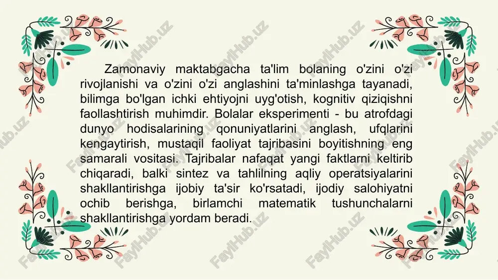 nash uchun leyka, kurakcha, grablicha, paqircha, tuproqni yumshatuvchi tayoqcha, xokandoz 4. rangli qum 5. tabiiy materiallar: o‘rta xajmdagi toshlar, rangli toshlar, suv, kashtanlar (kashtan daraxti mevasi), shishkalar 6. bolalar uchun oq xalat 7. tabiat burchagi uchun xona gullari: balzamin, koleus, aukuba, kitayskiy rozan, begoniya, geran,agava, asparanus, tradiskansiya, kliviya, amarilis, plyush, xona uzumi 8. tabiat va ob-havo kalendari (qor,yomg‘ir, shamol, do‘l, quyosh va hokazo) 9. akvarium (baliqlar, suv toshbaqalari) 10. qishki tomorqa : ekilgan piyoz (piyozni o‘sish darajalari aks ettiruvchi rasmlar), no‘xat urug‘larini ekish, kuzgi barglar, erta kurtak chiqaruvchi terak, siren kabi daraxt novdalari(fevral oxirida) 11. yil fasllari aks ettirgan katta xajmdagi tasvirlar 12. xasharotlar tutish uchun setkalar 13. urug‘ yig‘ish uchun xaltachalar 14. shishali o‘lchov idishlari 15. tarozu 16. lupa xalq donishmalari shunday deydi: "yuz marta eshitishdan ko'ra bir marta ko'rish yaxshiroqdir". shuning uchun bolalarning eksperimenti maktabgacha yoshdagi bolalarni rivojlantirishda katta ahamiyatga ega. tajriba faoliyati bizning dunyoqashimizni kengaytiradi, sabab-ta'sir munosabatlarini …
