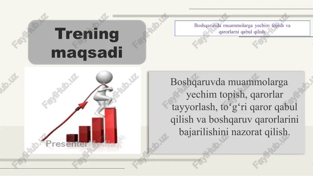 l variantlarni aniqlash muqobil variantni tanlash qaror to‘g‘risida kelishish qarorning ijrosi qarorning bajarilishini nazorat qilish strategik qaror maqsadga erishishda muhim ahamiyatga ega. u yuqori boshqaruv organlari tomonidan tub va istiqbolli dasturlarni ishlab chiqish maqsadlarida qabul qilinadi. taktik qarorlar maqsadga erishishning vosita va usullari xususidagi joriy, tezkor qarorlardir. umumiy qarorlar bir xil muammoga daxldor boʻlib, barcha boʻgʻinlar uchun birdek amal qiladi. tor doiradagi muammoga taalluqli boʻlib, tashkilotning muayyan bir boʻlimi yoki bir guruh xodimlari yuzasidan qabul qilinadi. maxsus qarorlar stereotip qarorlar odatda qatʼiy yoʻriqnomalar, meʼyoriy hujjatlar doirasida qabul qilinadi. bunday qarorlar baʼzan kundalik, baʼzan masalalar boʻyicha qabul qilinadi, lekin oʻzgarishlar asosan muddatlarga, ayrim sifat parametrlariga, ijrochilarga taalluqli boʻladi. tashabbusli qarorlar oʻz tavsifiga koʻra novatorlik mazmuniga koʻra esa istiqbolni nazarda tutadigan qarorlardir. bunday qarorlar tashabbusli qarorlar erkin harakatga asoslanib qilinadi. anʼanaviy qarorlar bu odatiy vaziyatlarda qabul qilinadigan qarorlardir. ularning amal qilish doirasi oldindan maʼlumdir. credits: this presentation template was created by slidesgo, …
