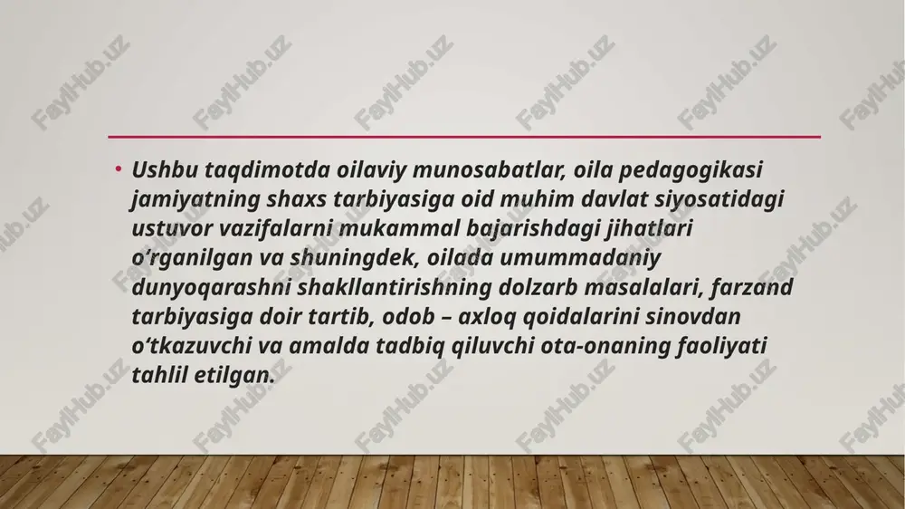 ddas boʻlgan oila asoslarini yanada mustahkamlash, xonadonlarda tinchlik – xotirjamlik, ahillik va oʻzaro hurmat muhitini yaratish, maʼnaviy – maʼrifiy ishlarni aniq mazmun bilan toʻldirishdan iborat boʻlmogʻi zarur”. darhaqiqat, asrlar davomida oʻz eʼtirofini topgan va diniy-axloqiy qadriyatlar darajasiga koʻtarilgan oilaviy munosabatlarda halol yashash, mehnat qilish, farzand tarbiyasi ijtimoiy hayot tarzini rivojlantirish manbaidir. sharqona tarbiyada shaxsning umummadaniy dunyoqarashining shakllanishi asosi oiladan boshlanadi. inson farzandi ota-onadan genetik meros oladi. unga ajdodlari genofonidan ham ulush tegadi, albatta. buni hayotshunoslar irsiyat, deyishadi. yorugʻ olamga koʻz ochgan dilbandlar dastlab oliy darajadagi moddiy qadriyatlar hisoblanmish havo, ona suti, suvdan bahramand boʻladilar. soʻngra shaxs kamolotini roʻyobga chiqishiga asos boʻladigan hamda uni taʼminlaydigan muhim omillardan biri oilaviy tarbiya omili boshlanadi. oila “millat sharafini” yuqori martabaga koʻtaradigan zaminu vosita hisoblanadi. oilada farzandlar tugʻiladi, oʻziga xos xususiyatlari, insoniy fazilatlari vujudga keladi, shaxs shakllanadi. oila va oilaviy munosabatlar madaniyati hamda shaxsning, yosh avlodning umummadaniy-maʼnaviy dunyoqarashining shakllanishi hamda rivojlanishiga taʼsiri muammosini ilmiy tahlil …