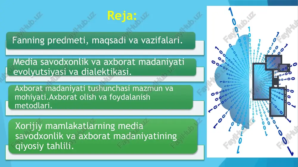 zi ishlab chiqarish kiradi. media savodxonligi koʻnikmalarini oʻrganishning ushbu jarayoni media taʼlim deb ataladi. unesco tashkiloti tomonidan xxi asrda media taʼlimni targʻib qilish madaniy-maʼrifiy rivojlanishning ustuvor yoʻnalishi sifatida eʼtirof etildi hamda aynan shu yoʻl bilan media savodxonlikni oshirish mumkinligi takidlandi. unesco odamlarning tanqidiy fikrlash va toʻgʻri qaror qabul qilish darajasini yaxshilash uchun ommaviy axborot vositalari va media savodxonlikni rivojlantirishni qoʻllab-quvvatlaydi. tashkilot, ayniqsa, siyosatchilar, oʻqituvchilar, ommaviy axborot vositalari mutaxassislari, yoshlar tashkilotlari va ushbu sohadagi nochor aholi qatlamlarining salohiyatini oshirishga intiladi, aʼzo davlatlarga milliy ommaviy axborot vositalari va axborot savodxonligi siyosati va strategiyalarini shakllantirishda yordam beradi. 10/4/2023 maksimkulova shohista 6 axborot tushunchasi axborot taqdim etilishidan qatiy nazar shaxs, predmet, dalil, voqea, xodisa va jarayonlar xaqidagi ma'lumotlar., .dalil, voqea, xodisa, predmet, jarayon kabi ob'ektlar xaqidagi bilim xamda tushunchalar yoki buyruqlar., ma'lum xos matnda aniq ma'noga ega tushunchalarni ichiga olgan dalil, voqea, xodisa, predmet, jarayon, taqdimot kabi ob'ektlar xaqidagi bilimlar majmui, turli ob'ektlarning o'zaro …