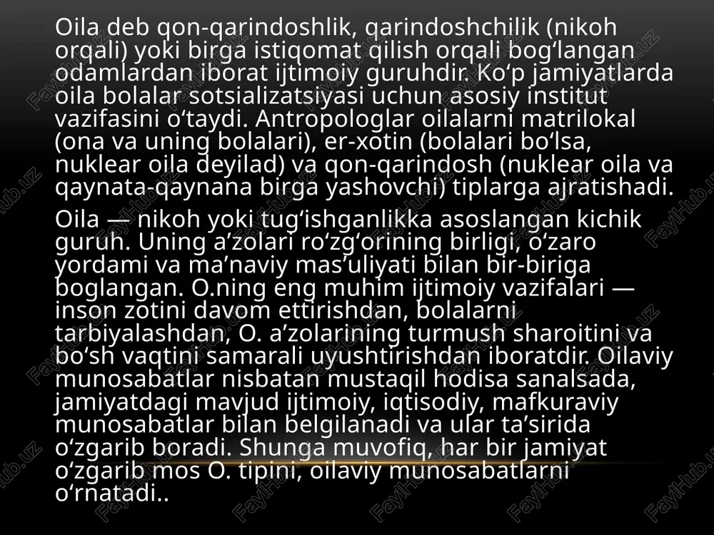 poliandriya, poligamiya, poliginiya). ijtimoiy ishlab chiqarish — chorvachilik va dehqonchilikning rivojlanishi bilan erkaklar mehnatining qadri oshdi, mah-sulot ishlab chiqarishda ulushi ortdi, binobarin, ularning ijtimoiy mavqei ham tubdan oʻzgardi. mavjud qoida tartiblar — farzandlarning onagagina tegishli boʻlishi, ona mulkiga merosxoʻr sanalishi erkaklarning yangi mavqeiga zid kelib qoldi. natijada ota xuquqiga asoslangan patriarxal oila vujudga keldi. shunday qilib, hozirgi individual oilaning oʻtmishdoshi — monogam oila vujudga kelgan (k,. monogamiya) konstroktor tartibini tanlasak 4 oila xalqning , jamiyatning hayoti, turmushiga oid urf-odatlarni oʻzida sinovdan oʻtkazadi. yaxshilarini oʻz bagʻrida asrab-avaylab kelajak avlodlarga yetkazadi. oila oʻz farzandlarini tarbiyalab, ularga umuminsoniy qadriyatlarni singdirish bilan ularga boshlangʻich ij-timoiy yoʻnalish beradi. oʻz farzandlarini katta oqimga — jamiyatga qoʻshish bilan esa oila jamiyat yoʻnalishi, iqtiso-diyoti, madaniyati va maʼrifatini ham belgilashga oʻz taʼsirini koʻrsatadi. shuning uchun ham sharqsa oila qadim-qadimdan muqaddas qoʻrgʻon hisoblanib kelingan. xususan, oʻzbek oila larining serildizlik, serbutoklik xususiyatlari hozir ham saqlanib turibdi. oʻzbeklarda oilalarning muayyan turmush tarzi …
