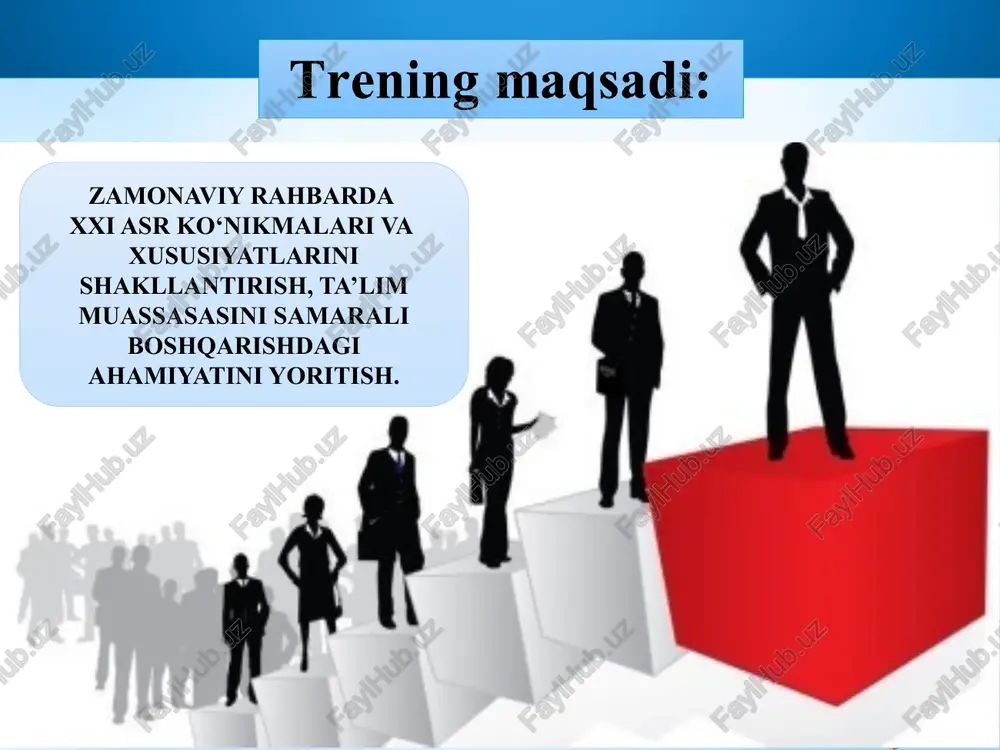 r doim iste'dodga to’g’ri mutanosib ekanligini, kamtarlikni etishmasligi esa nodonlikning darakchisi ekanligini yaxshi tushunadi. sabrlilik - bunday rahbar muvaffaqiyatga birdaniga erishish mumkin emasligini yaxshi tushunadi. unga faqat bardosh va sabr-toqatli bo’lib, sabot-matonat bilan qiyinchiliklarni engish orqali erishish mumkinligini biladi. yaxshi niyatlik - bunday rahbar xayrixoh va iltifotli bo’ladi, kishilarga nisbatan doimo yaxshi niyatda bo’ladi. o’zidagi qanoatsizlikni g’irrom raqobatchilik yo’li bilan emas, balki xayrixohlik yo’li bilan bartaraf qilishga harakat qiladi. uning hayotidagi shiori hasad emas, balki: "birni ko’rib shukr qil, birni ko’rib fikr qil" - degan shiordir. madaniyat ma’naviyat rahbar madaniyati rahbar ma’naviyati madaniyat — jamiyat, inson ijodiy kuch va qobiliyatlari tarixiy taraqqiyotining muayyan darajasi. kishilar hayoti va faoliyatining turli koʻrinishlarida, shuningdek, ular yaratadigan moddiy va maʼnaviy boyliklarda ifodalanadi ma’naviyat - inson ruhiy va aqliy olamini ifodalovchi tushuncha. u kishilarning falsafiy, huquqiy, ilmiy, badiiy, axloqiy, diniy tasavvurlarini oʻz ichiga oladi. maʼnaviyat atamasining asosida „maʼno“ soʻzi yotadi. rahbar madaniyati – rahbar xodimlar, …