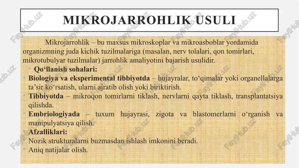 larga mansub organizmlar orasida transplantatsiya. ortotopik – to‘qima tabiiy anatomik joyiga o‘tkaziladi. geterotopik – to‘qima boshqa joyga o‘tkaziladi. maqsadi: to‘qimalarning regeneratsiya va o‘sish qobiliyatini o‘rganish. immunologik muvofiqlikni tekshirish. klinik tibbiyotda shikastlangan a’zolarni tiklash. to‘qimalarni ko‘chirib o‘tkazish (transplantatsiya) usuli morfometriya – bu hujayra va to‘qimalarning shakl va o‘lchamlarini o‘rganish va matematik tahlil qilish usuli. asosiy ko‘rsatkichlari: hujayra yuzasi, diametri, perimetri. yadro va sitoplazma nisbatlari. to‘qimalardagi hujayralar soni va zichligi. qo‘llanishi: patologiyada hujayralardagi o‘zgarishlarni o‘lchash. eksperimental biologiyada dori vositalarining ta’sirini aniqlash. onkologiyada hujayra va yadro o‘lchamlarini taqqoslash orqali malignizatsiyani tekshirish. afzalliklari: aniq miqdoriy tahlil beradi. subyektiv fikrdan ko‘ra obyektiv natija olish imkonini beradi. morfometrik usul bu usul tirik organizm yoki hayvon tanasida to‘qima va hujayralarni bo‘yash orqali ularning tabiiy faoliyatini kuzatish imkonini beradi. maqsadi: tirik hujayralarning shakli, joylashuvi, fiziologik jarayonlari va almashinuvini tabiiy sharoitda o‘rganish. usullari: intravitall bo‘yash – bo‘yoqlar tirik hayvon organizmiga yuboriladi (vena, teri ostiga yoki qorin bo‘shlig‘iga). bo‘yoqlar tanlovi: …