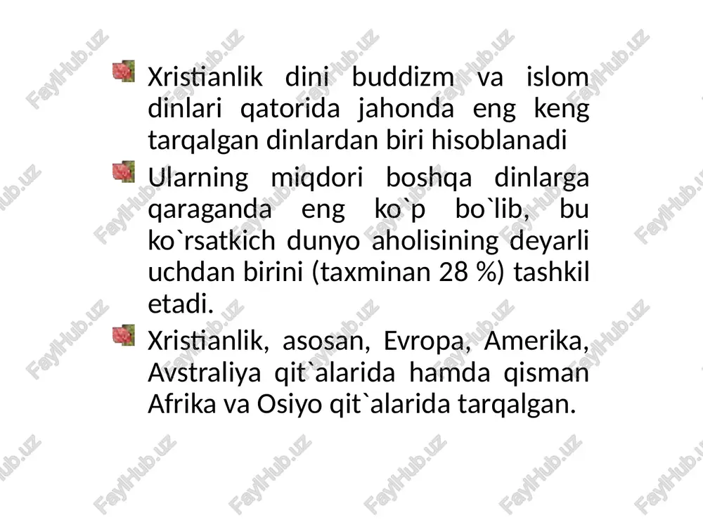 ug’ilgan qishlog’i – «nazaret» bilan bog’lab, nazroniya deb ham ataganlar. keyinchalik bu nom nasroniya shaklini olgan. iso masih o`z ta`limotini o`zining 12 o`quvchisi apostollar – havoriylarga o`rgatdi. ular esa isoning vafotidan keyin ustozlarining ta`limotlarini har birlari alohida-alohida tarzda kitob shakliga keltirdilar. bu kitoblar bibliyaning «yangi ahd» qismini tashkil etadi. xristianlik ta`limoti asosiy g’oyasi – isoning odamzodning xaloskori «messiya» ekanligi yahudiylikda mavjud bo`lib, oxiratga yaqin kelishi kutilayotgan xaloskor haqidagi ta`limotdan kelib chiqqandir. xristianlikda eng muhim sanalar 318 yilda o`g’il-xudo va ota-xudoning yagona mohiyati haqidagi cherkov ta`limotiga asos solindi. 324 yili xristianlik rim imperiyasida davlat dini deb e`lon qildi. 325 yili tarixda birinchi marta rim imperatori litsiniya imperiya hududidagi nikeya shahrida i butun olam xristian soborini (o`tkazilgan 21 sobordan birinchisi) chaqirdi. 381 yili konstantinopolda ii butun olam xristian sobori bo`lib o`tdi. 867 yillar orasida papa nikolay va istambul patriarxi fetiy orasida uzil-kesil ajraldi. 1054 yili rasman tan olindi. xvi asr boshlarida katolitsizmdan …