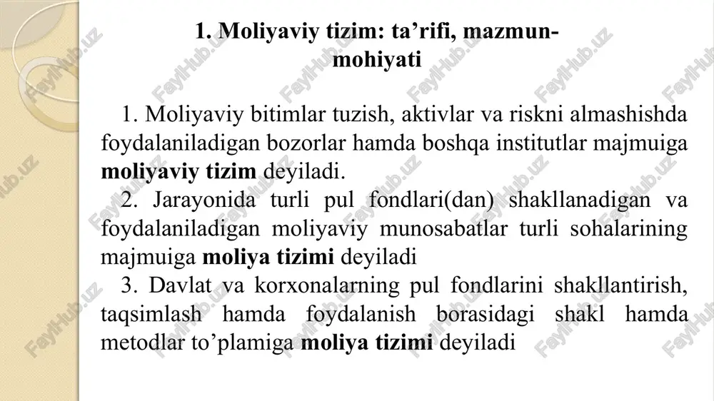 y resurslari ortiqcha bo’lgan iqtisodiy subyektlar moliyaviy vositachilar investitsion loyihalarni amalga oshirish uchun zarur bo‘lgan moliyaviy resurslarda ehtiyojlaridan daromadlari ko‘proq firmalarni ortiq mablag‘ga ega bo‘lgan subyektlar deb ataydilar; kelgusidagi sarmoyalar uchun resursi yetishmaydigan firmalar resurslari defitsit bo‘lgan subyektlar deb ataladi. turli mamlakatlar moliyaviy institutlari bir-biridan farqlanishining bir qator sabablari mavjud. ular qatoriga har xil o‘lchamlar, texnologiyalarning murakkablik yoki oddiylik darajasi, shuningdek, davlatlarning siyosiy, madaniy va tarixiy rivojlanishidagi farqlar kiradi. bundan tashqari, moliyaviy institutlar vaqtning o‘tishi bilan bir holatdan boshqa holatga o‘tib turadi. muassasaning nomi oldingiday o‘zgarmay qolishiga qaramasdan, ularning bajaradigan funksiyalari o‘zgarishi mumkin. 3. moliya tizimi funksiyalari aqshdagi zamonaviy banklar ushbu mamlakatda 1928 yoki 1958 yillarda bo‘lgan banklardan katta farq qiladi va shuningdek, germaniya yoki buyuk britaniyada banklar ham bundan 50 yil oldingisidan tubdan farqlanadi. sho‘rolar davrida o‘zbekistonda mavjud bo‘lgan banklar bilan undagi hozirgi banklar o‘rtasida ham juda katta farqlar mavjud. bunday yondoshuvning asosi shuki, mo‘ljal sifatida moliyaviy institutlarning o‘z-o‘zlari …