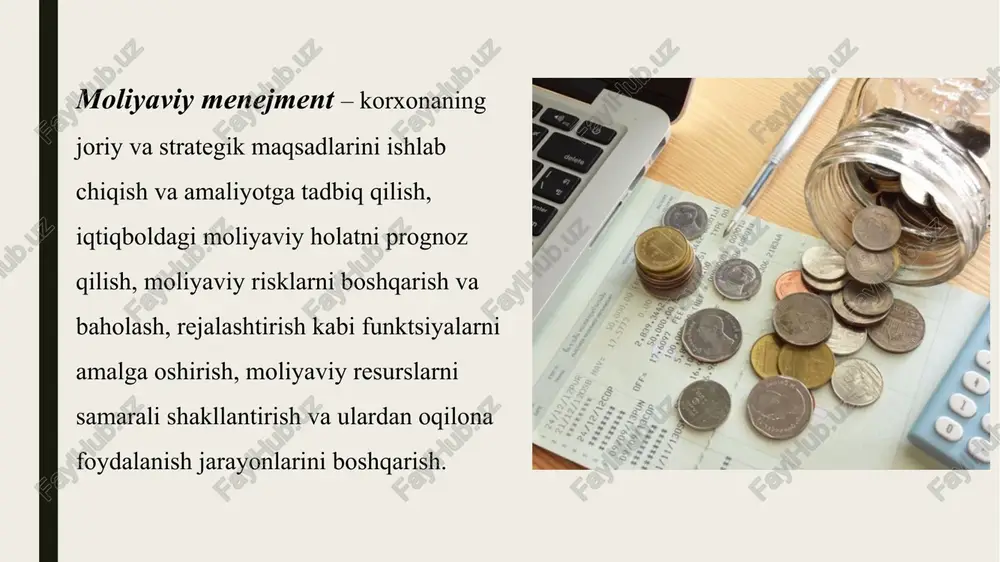 aqsadlarini ishlab chiqish va amalga oshiruvchi maxsus mutaxassislar guruhidir (moliya bo‘yicha direktor – boshqaruv apparati, moliyaviy menejer – boshqaruvchi). korhonalarda moliyaviy menejmentni samarali tashkil etishning muhim bosqichlaridan biri moliyaviy menejmentning vazifalarini belgilab olish hisoblanadi. bozor qonuniyatlari, mulkchilik shakli, moliyaviy faoliyatning turlari hamda moliyaviy – iqtisodiy imkoniyatlaridan kelib chiqqan holda korporativ tuzilmalar uzoq muddatli strategiyalari va boshqaruv tizimini mustaqil holda belgilaydilar. korhonalarda o‘z oldiga qo‘yilgan maqsadlariga erishish ko‘p jihatdan moliyaviy menejerni boshqaruv qarorlarini to‘g‘ri va aniq qabul qilishiga bog‘liqdir. moliyaviy menejer belgilangan maqsadlarga erishishda quyidagi asosiy yo‘nalishlar bo‘yicha samarali boshqaruv qarorlarni qabul qilishi kerak bo‘ladi: operatsion faoliyat bo‘yicha (tahlil, rejalashtirish, prognoz qilish va korxonaning moliyaviy holatini nazorat qilish); moliyalashtirish masalalari bo‘yicha – jalb qilingan va o‘z mablag‘lari manbalarini optimallashtirish va boshqarish (moliyaviy qarorlar qabul qilish); investitsion faoliyat bo‘yicha – investitsiya siyosati va moliyaviy aktivlarni boshqarish (investitsion qarorlar qabul qilish). korhonalarda moliyaviy boshqaruvni tashkil etish jarayoni va uning vazifalari, boshqacha aytadigan bo‘lsak …