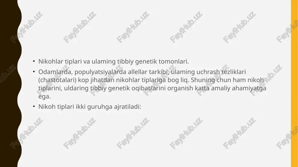 blaridan biri geterozigotalanish jarayoni ekanligi aniqlangan. odam genetikasida nikoh qurayotgan er xotinlar, yoki qarindoshlar orasida irsiy jhatdan qarindoshlik darajasini aniqlash katta ahamiyatga ega qarindoshlik darajalari hagida ma'lumot quidagi jadvalda berilgan (10-jadval). 1. qarindoshlik koeffitsienti- umumiy ajdodga ega ikkita shaxs uchun aniqlanadi. a shasning tasodifiy tanlab olingan biron genining b shahsda xuddi o'sha lokusdagi genga oxshashligi ehtimolli korsatkichi . ii. inbriding koeffitsienti- ayrim shas uchun aniqlanadi, uning ota-onalari orasidagi irsiy yaqinlikni ifodalaydi. bu - bir shaxs gomolog xromosomalaridagi biron lokus allellarining oxshashligi ehtimolli korsatkichi. inbriding koeffitsienti aniqlashda keng qollaniladigan tenglamalardan biri - f - inbriding koeffitsienti f = a 1)8c a - umumiy ajdodlardagi allellar soni b - ona tomonidan avlodlar soni c- ota tomonidan avlodlar soni. inbriding koeffitsientini populyatsiya uchun ham aniqlash mumkin. rivojlangan mamlakatiarda inbriding koeffitsient juda kam. kichik populyatsiyalarda, diniy, geografik va etnik izolyatsiyalangan populyatsiyalardan inbriding koeffiysienti ancha yuqoridir. iqtisodiyatning, aholi turmush darajasini kotarilishi, migratsiyalar kuchayishi populyatsiyalarning aralashishi, …
