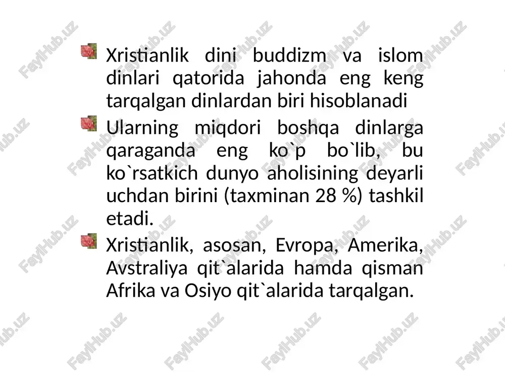 ri xristianlikni iso masihning tug’ilgan qishlog’i – «nazaret» bilan bog’lab, nazroniya deb ham ataganlar. keyinchalik bu nom nasroniya shaklini olgan. iso masih o`z ta`limotini o`zining 12 o`quvchisi apostollar – havoriylarga o`rgatdi. ular esa isoning vafotidan keyin ustozlarining ta`limotlarini har birlari alohida-alohida tarzda kitob shakliga keltirdilar. bu kitoblar bibliyaning «yangi ahd» qismini tashkil etadi. xristianlik ta`limoti asosiy g’oyasi – isoning odamzodning xaloskori «messiya» ekanligi yahudiylikda mavjud bo`lib, oxiratga yaqin kelishi kutilayotgan xaloskor haqidagi ta`limotdan kelib chiqqandir. xristianlikda eng muhim sanalar 318 yilda o`g’il-xudo va ota-xudoning yagona mohiyati haqidagi cherkov ta`limotiga asos solindi. 324 yili xristianlik rim imperiyasida davlat dini deb e`lon qildi. 325 yili tarixda birinchi marta rim imperatori litsiniya imperiya hududidagi nikeya shahrida i butun olam xristian soborini (o`tkazilgan 21 sobordan birinchisi) chaqirdi. 381 yili konstantinopolda ii butun olam xristian sobori bo`lib o`tdi. 867 yillar orasida papa nikolay va istambul patriarxi fetiy orasida uzil-kesil ajraldi. 1054 yili rasman tan olindi. …