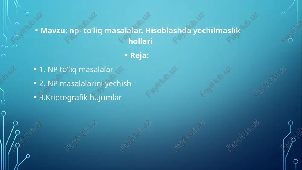 bunday yo'llar sifatida quyidagilarni qayd etish mumkin: evristik (yaqinlashgan) yechimlarni topish, qidiruv algoritmlarini takomillashtirish, masalalarning o'lchamlariga eksponential darajada bog'liq bo'lgan jadvallardan foydalanuvchi dinamik dasturlash. yangi masalaga duch kelinganda, birinchi navbatda savol tug'ilishi tabiiy: "ko'rib chiqilayotgan masalani polinomial algoritm yordamida hal qilsa bo'ladimi?". agar ushbu savolga javob ijobiy bo'lib chiqsa, unda np-to'liqlik nazariyasi nuqtai nazaridan muammo haqida hech narsa deyish mumkin emas. keyingi harakatlarimizni iloji boricha eng samarali polinomial algoritmlarni topishga jamlashimiz mumkin. np-to'liq masalani hal qilishning maqbul algoritmini topish muammosini hal qilishda ikkita toifadagi yondoshuv mavjuddir. birinchi guruh qidiruv hajmini minimallashtirishga qaratilgan yondoshuvni o'z ichiga oladi, ammo ayni paytda eksponentsial vaqt sarf qilinishining muqarrarligi tan olinadi. ketma-ket tanlab olish usuli uchun eng ko’p ishlatiladigan usullar qatoriga “tarmoqlar va chegaralar” usuli yoki "noaniq tanlab olish" usuliga asoslangan usullar kiradi. ikkinchi toifaga tegishli yondashuvlar faqat optimallashtirish masalalariga nisbatan qo'llaniladi (ammo bu juda kuchli cheklov emas, chunki amalda yuzaga keladigan juda ko'p masalalar …