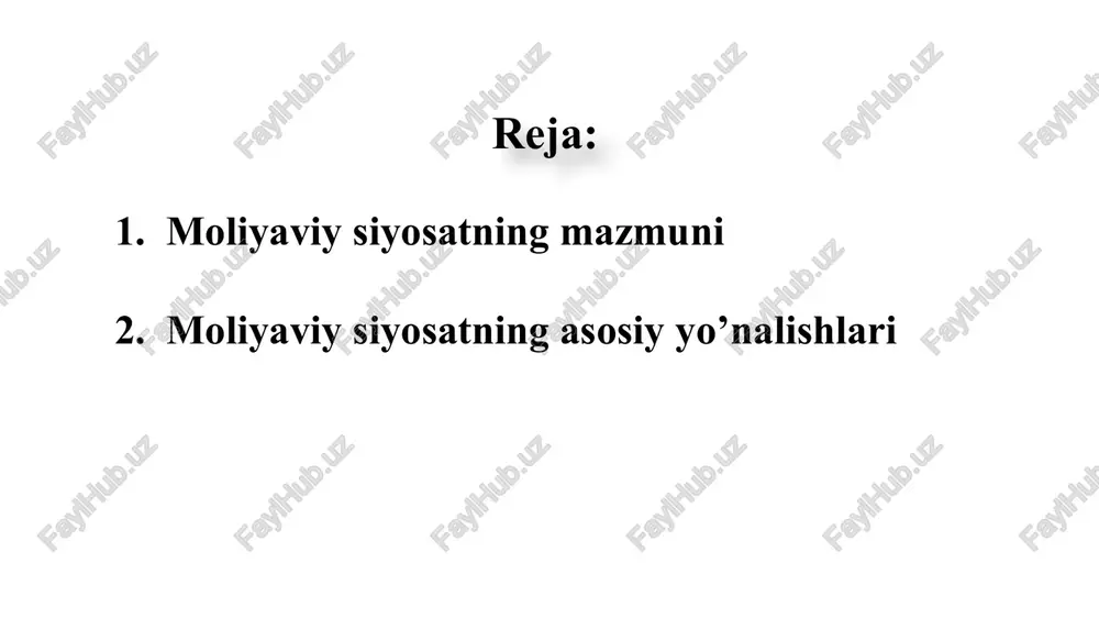 u turdagi siyosat ishsizlik darajasini pasaytirishga, shuningdek, tadbirkorlik faoliyatini va iste'mol xarajatlarini rag'batlantirishga yordam beradi. bu siyosatning umumiy maqsadi iqtisodiy o'sishni rag'batlantirishdir, lekin u salbiy ta'sir ko'rsatishi mumkin, ba'zida giperinflyatsiyaga olib keladi. fiskal siyosat monitar siyosat tarifi: davlat budjet xarajatlari va soliq stavkalarini tartibga solishga qaratilgan moliyaviy siyosat iqtisodiyotdagi pul massasi va foiz stavkalarini tartibga solishga qaratilgan moliyaviy siyosat o’zgarishi: soliq stavkalari va davlat xarajatlari o’zgaradi. fioz stavkalari va pul takfifi o’zgaradi. maqsadi: fiskal siyosatning aniq maqsadi yo'q inflyatsiyani jilovlash kim tonidan boshqarilishi moliya vazirligi va davlat soliq qo’mitasi markaziy bank siyosay jayonlardagi ro’li: soliq stavlarini o’zgarishi kuchli siyosiy aniqlikda bo’ladi siyosiy jarayonlardan mustaqil bo’ladi valyuta kurslariga ta'siri valyuta kurslariga ta'sir qilmaydi foiz stavkalari yuqori bo'lganda valyuta kurslari yaxshilanadi o’lchovlari iqtisodiyotda kredit berish uchun qo'llaniladigan foiz stavkalarini o'lchaydi iqtisodiyotning kapital xarajatlari va soliqlarini o'lchaydi tasiri: budjet taqchilligiga ta’sir qiladi qarz olishga ta'sir qiladi yuqori foiz stavkalari qarz olish xarajatlarini oshiradi …