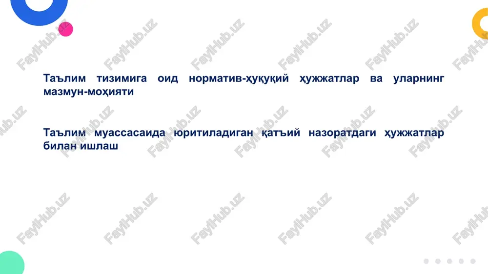 isida” (????????????????) “o'zbekiston respublikasi vazirlar mahkamasi huzuridagi prezident, ijod va ixtisoslashtirilgan maktablarni rivojlantirish agentligini tashkil etish to'g'risida” (pf-5815, 09.09.2019) “iqtidorli yoshlarni aniqlash va yuqori malakali kadrlar tayyorlashning uzluksiz tizimini tashkil etish chora-tadbirlari to'g'risida” (pq-4306, 03.05.2019) o'zbekiston respublikasi prezidentining “maktabgacha va maktab ta'limi vazirligi hamda uning tizimidagi tashkilotlar faoliyatini samarali tashkil etish chora-tadbirlari to'g'risida” 2023 yil 26 maydagi pf-79-son farmoni maktabgacha, umumiy o'rta va maktabdan tashqari ta'lim tashkilotlarini malakali pedagog kadrlar bilan ta'minlash kasbiy sertifikatlash tizimini joriy etish pedagogik ta'lim tadiqot maydonchasi faoliyatini yo'lga qo'yish 2024 yil 1 yanvardan boshlab umumiy o'rta ta'lim muassasalarining pedagogik kasblariga birinchi marta ishga qabul qilinayotgan talabgorlarni kasbiy sertifikatlash tizimi joriy etiladi 2023/2024 o'quv yilidan boshlab pedagogik kasblarga birinchi marta ishga qabul qilinadigan oliy ma'lumotli talabgorlar stajyor-o'qituvchi sifatida faoliyat yuritadi stajyor-o'qituvchilar bir yil muddatda kasbiy sertifikatga ega bo'lishi talab etiladi, kasbiy sertifikat olguniga qadar oliy ma'lumotli (toifasiz) o'qituvchining bazaviy tarif stavkasi qo'llaniladi 2024 yil 1 yanvardan …