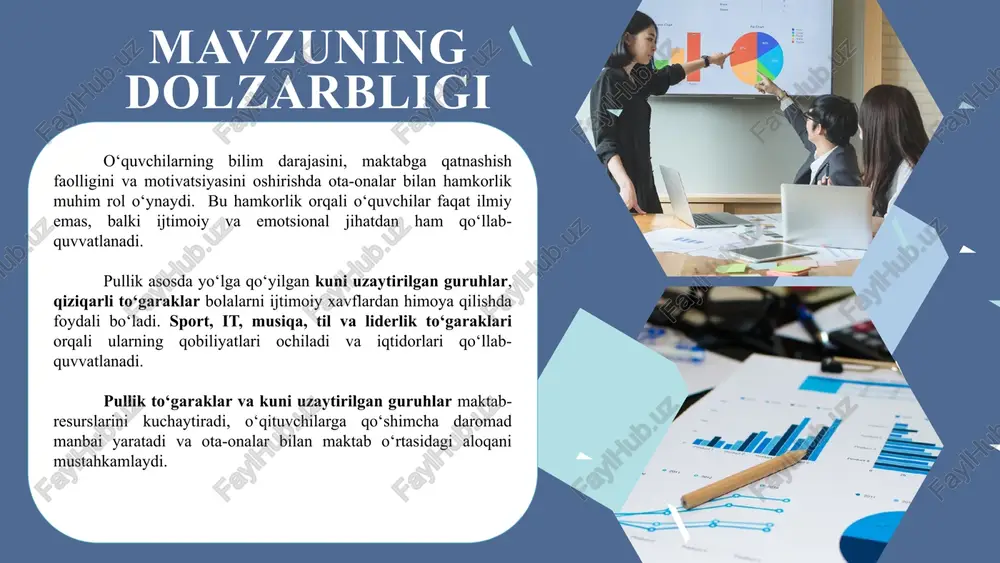 and community partnerships: preparing educators and improving schools” (2001) asari – ota-onalar, maktab va jamiyat o‘rtasidagi hamkorlikni mustahkamlashga bag‘ishlangan ilmiy-amaliy qo‘llanmadir. unda nafaqat model, balki uni qanday tatbiq etish, pedagoglarni qanday tayyorlash, va real maktab tajribalarini qanday baholash bo‘yicha chuqur tahlillar berilgan. “oila psixologiyasi va farzand tarbiyasi” n.saidov 2018 • kitob ota-ona va maktab o‘rtasidagi psixologik munosabatlarni yoritadi va farzand tarbiyasidagi pedagogik hamkorlikning dolzarbligini ko‘rsatadi. ubaydullayeva r, ata-mirzayev o, quronov m. oila va barkamol avlod tarbiyasi. – toshkent: “ijtimoiy fikr”, 2012, – b. 114–115. www.stat.uz, www.xalqtaliminfo.uz mavzuning maqsadi maktabda ota-onalar bilan hamkorlikni rivojlantirish, bu orqali o‘quvchilarning bilim darajasi, tarbiyasi va ijtimoiy moslashuvini yaxshilashga erishish, ta’lim jarayonidagi ishtirokini kuchaytirish, maktab bilan uzviy aloqalarini mustahkamlash, bolalar ta’limining sifatini oshirish, ularning har tomonlama rivojlanishini ta’minlashdan iborat. maktab va ota-onalar o‘rtasidagi hamkorlikning nazariy asoslarini tahlil qilish; mavzuga doir me’yoriy-huquqiy hujjatlar va ilmiy adabiyotlarni tahlil qilish; xalqaro tajriba, xususan, epstein modelining mohiyati va amaliy qiymatini …