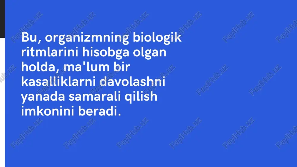 natga keltiradi va uning samarali ishlashiga yordam beradi.dorilarga ta'siri: dorilarning organizmdagi ta'siri tsirkadiyalik ritmlarga bog'liq. masalan, ba'zi dorilar kechqurun samaraliroq bo'lishi mumkin, chunki kechqurun organizmdagi metabolizm va qon tomir tonusi farq qiladi. gipertoniya yoki astma kabi kasalliklarda dorilarni kunning turli vaqtlarida qabul qilishni optimallashtirish zarur bo'lishi mumkin. 2. uyqu-ochlik ritmi :tavsif: uyqu-ochlik ritmi — bu uyqu va uyg'onishning tabiiy davri bo'lib, organizmning biologik soati (sirkadiyan soat) tomonidan boshqariladi. bu ritm odamning ongi, ruhiy holati va jismoniy faoliyatini ta'sir qiladi.dorilarga ta'siri: ba'zi dorilar uyquga ta'sir qilishi mumkin. masalan, antidepressantlar yoki uyquni tartibga soluvchi dorilarni qabul qilish vaqti uyqu ritmiga qarab belgilanishi kerak. melatonin kabi dorilarni kechqurun qabul qilish uyquni yaxshilashga yordam beradi, chunki melatonin tabiiy ravishda kechqurun ko'payadi. 3. qon bosimi ritmi: tavsif: qon bosimi kunduz va kechqurun o'zgarib turadi, odatda ertalab va tush paytida yuqori, kechqurun esa pastroq bo'ladi. bu ritm organizmning qondagi kislorod va oziqa moddalarini taqsimlash va yurakni …
