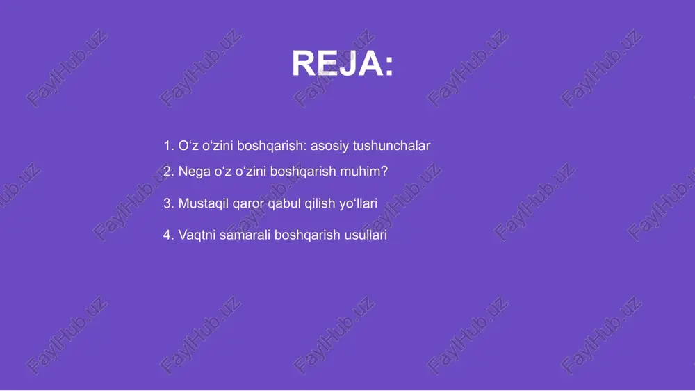 samarali boshqarish uchun reja tuzish muhim. kunlik vazifalarni belgilash va ustuvorliklarni aniqlash ish unumdorligini oshiradi. reja asosida ishlash tartibni saqlaydi. diqqatni jamlash va chalg‘ituvchi omillardan qochish samaradorlikni oshiradi. ish vaqtida ijtimoiy tarmoqlardan foydalanishni cheklash vaqtni behuda sarflashning oldini oladi. dam olish va tanaffuslar qilish ish sifatini yaxshilaydi. uzoq vaqt davomida ishlash samaradorlikni pasaytiradi. to‘g‘ri balans saqlash stressni kamaytirishga yordam beradi. vaqtni samarali boshqarish usullari 01 o‘z-o‘zini motivatsiya qilish insonning maqsad sari intilishiga yordam beradi. har kuni kichik yutuqlarni qayd etish va ular ustida fikr yuritish muhimdir. 02 ijobiy fikrlash va o‘z salohiyatiga ishonch motivatsiyani mustahkamlaydi. o‘ziga rag‘bat berish hamda muvaffaqiyatlarni nishonlash davomiy rivojlanish uchun zarurdir. 03 aniq reja tuzish va unga rioya etish o‘z-o‘zini motivatsiya qilishda muhim rol o‘ynaydi. harakatlar orqali maqsadga erishish ilhom baxsh etadi. o‘z-o‘zini motivatsiya qilish texnikalari stress va bosimni nazorat qilish uchun rejalashtirish muhimdir. rejalar tuzish tartibli fikrlashga yordam beradi. bu orqali ortiqcha stress kamayadi va …