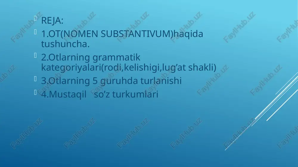javob beradi. gapda vositali to‘ldiruvchi yoki hol vazifasini bajaradi. lotin tilida asos (o‘zavocativus (v) - vokativ kelishigi, chaqirish va murojaatni ifodalab, asosan, buyruq gaplarda ishlatiladi. k) dagi so‘nggi unli birmuncha o‘zgarishi ham mumkin, biroq u so‘z o‘zagini tubdan o‘zgartira olmaydi. shuning uchun ham lotin tili lug‘atlarida otlar hamisha bosh va qaratqich kelishiklarida beriladi. otlarni amaliy jihatidan farqlash belgisi genetivus singularis shakli hisoblanadi. otlarning gen.sing. shaklidagi kelishik qo‘shimchasi olib tashlansa, otning asosi hosil bo‘ladi. shu bilan bir qatorda qaratqich kelishigining qo‘shimchasi ma’lum otning qaysi turlanishga taaluqli ekanligini ham ko‘rsatadi. mustaqil so’z turkumlari. 1nomen substantivum — ot nomen adjectivum — sifat nomen numerale — son pronomen — olmosh verbum - fe’l adverbium — ravish qaratqich kelishigi birlik sonining besh guruhda turlanish qo’shimchalarini xotirada saqlang. 1-gurux otlari: ae 2-gurux otlari: i 3-gurux otlari: is 4-gurux otlari: us 5-gurux otlari: ei lug‘atda otlar quyidagicha yoziladi: bosh kelishikning toliq shakli, keyin qaratqich kelishigini qo‘shimchasi va …