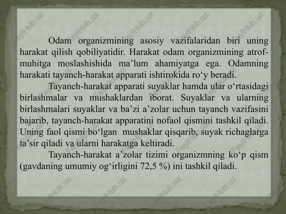 eleti; 2–umurtqa pog‘onasi; 3–qovurg‘alar; 4–yelka suyagi; 5–yonbosh suyagi; 6–bilak suyagi; 7–kaft usti soha suyaklari; 8–qo‘l kafti suyaklari; 9–quymich suyagi; 10–son suyagi; 11–tizza qopqog‘i; 12– kichik boldir suyagi; 13–kaft usti soha suyaklari; 14–oyoq panjasi barmoq falangalari; 15–oyoq panjasi kaft suyaklari; 16–katta boldir suyagi; 17–qov suyagi; 18–dum suyagi; 19–dum g‘aza suyagi; 20–qo‘l kafti barmoq falangalari; 21–tirsak suyagi; 22– to‘sh suyagi tanasi; 23–to‘sh suyagi dastasi; 24–o‘mrov suyagi. suyaklarning tuzilishi har bir suyak (os) alohida a’zodir. suyak murakkab tuzilishga va kimyoviy tarkibga ega. suyaklarning tuzilishida suyak to‘qimasi muhim ahamiyatga ega. u metalldek qattiqlikka ega bo‘lib, molekular massasi 1,93 % (suv dan 2 barobar ko‘p). tirik suyak to‘qimada yoki yangi ajratilgan suyakda 50 % suv, 28,15 % organik moddalar, jumladan 15,75 % yog‘ va 21,85 % noorganik moddalar bor. yog‘sizlantirib quritilgan suyakni 1/3 qismini organik moddalar (ossein, xitin, muguz modda), 2/3 qismi esa noorganik moddalar (kalsiy tuzlari, ayniqsa ohak o‘rta fosfati – 51,04 %, kremniy …