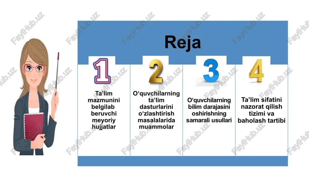 024-2025-o‘quv yiliga mo‘ljallangan alohida ta’lim ehtiyojlari bo‘lgan bolalar uchun ixtisoslashtirilgan davlat ta’lim muassasalari (maktab va maktabinternatlar) hamda uzoq vaqt davolanishga muhtoj bolalarning uyda yakkatartibda ta’lim olish tayanch o‘quv rejalarini tasdiqlash to‘g‘risida o’quv dasturi — har bir alohida fan uchun o’quv dasturi tuziladi. dastur o’quv rejasiga asoslanadi. fanning maqsadidan, o’quv rejasi bo’yicha ajratilgan soat va bilim hajmi uning tizimi mavjud jamiyatning g’oyaviy-siyosiy yo’nalishini o’zida aks ettiradigan davlat hujjatidir. o’quv dasturida bir sinfda alohida fanlar bo’yicha o’quvchilarga beriladigan ilmiy bilim, ko’nikma va malakalarnipg hajmi belgilab beriladi. dasturda fanning mazmuni, mavzu ketma-ketligi ikkinchi mavzu birinchini to’ldirishi, izchillik bilan yoritiladi va ma'lum mavzular orqali ko’rsatiladi. o’quv dasturida shu fan bo’yicha o’quvchilarga berilishi lozim bo’lgan bilim, ko’nikma va malakalar kichik mavzularda ifodalanib, mavzu maqsadi qisqacha izohlanadi. 1 dts ga mos ravishda o‘quvchilarning o‘zlashtirishi ( baho, joriy nazorat, oraliq va yakuniy nazorat) 2 o‘zbekiston respublikasi xalq ta’limi vazirligi, vazirlar mahkamasi huzuridagi ta’lim sifatini nazorat qilish davlat …