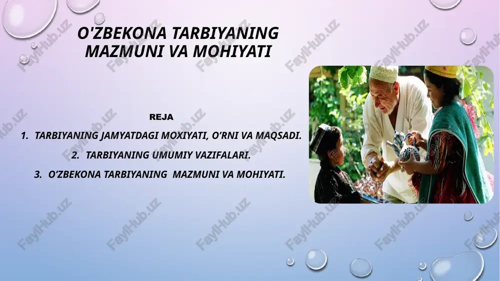 baholashi ham tarbiyaning muhim unsurlaridan biridir. jamoa bilan ishlash, boshqalarga nisbatahurmat hissini oshirish, insonda hamkorlik tuyg`usini shakllantirish ham tarbiya asosida vujudga keladi. bizning olam, borliqqa nisbatan qarashlarimiz paydo bo`layotgan g`oyalarimiz negizida ham aynan shu tarbiya tamoyillari yotadi. tarbiya pedagogikaning ham asosiy tushunchalaridan biri hisoblanadi. pedagogikada tarbiya ikki ma`noda farqlanadi: keng ma`nodagi tarbiya va tor ma`nodagi tarbiya. keng ma`noda tarbiya- shaxsga jamiyatning ta`sir etishi, ijtimoiy hodisa sifatida qaraladi. ya`ni, shaxsning jamiyat talablariga javob berishiga va jamiyatning ta`siri natijasida shaxsni rivojlantirishga yo`naltirilgan tarbiya. tor ma`nodagi tarbiya- pedagogik jarayon sharoitida ta`lim maqsadini amalga oshirish uchun pedagog va tarbiyalanuvchilarning maxsus tashkil etilgan faoliyati hisoblanadi. bunda, tarbiya ma`lum bir ta`limni o`rganish maqsadida tashkil etiladi va pedagog va o`quvchining faoliyat jarayoni tushuniladi. bundan bilinadiki, jamiyat uchun komil, ilmli, yetuk, barkamol insonni shakllantirishdan iboratdir tarbiyaning maqsadi. shaxsni kamol toptirishdagi asosiytushuncha ham bu tarbiyadir. shaxsni jamiyat talabidan kelib chiqib shakllantirishni tarbiya desak, tarbiya ham sohasiga ko`ra turlarga bo`linadi. …