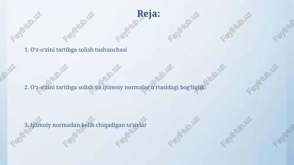 alarning ta'siriga bogʻliq holda samaradorligi farq qiladi. 20-30 yoshdagi yoshlar orasida oʻtkazilgan soʻrovnomalar natijalariga koʻra, samarqanddagi talabalar orasida oʻz-oʻzini tartibga solish uchun koʻproq ijtimoiy qoʻllab-quvvatlashga ehtiyoj borligi aniqlangan. madaniy va ijtimoiy kontekstning ahamiyati 1991 yildan keyingi o'zbekistonning ijtimoiy-iqtisodiy o'zgarishlari, xususan, shaharlashuv va globalizatsiya jarayonlari, yoshlarning o'z-o'zini tarbiyalash mexanizmlariga sezilarli ta'sir ko'rsatdi, 30% ga yaqin o'sish kuzatilgan. samarqand va buxoro kabi tarixiy shaharlardagi an'anaviy qadriyatlar va ijtimoiy normalar, toshkentdagi zamonaviy shahar muhitiga qaraganda, o'z-o'zini tarbiyalash usullariga turlicha ta'sir ko'rsatadi. o'z-o'zini nazorat qilishning individual farqlari individual farqlarni baholashda ishlatiladigan kognitiv nazorat shkalalari (masalan, stroop testi) natijalari, 50 dan ortiq ishtirokchilar guruhi boʻyicha 20% farqni koʻrsatadi. 2023 yilda samarqandda oʻtkazilgan sotsiologik soʻrovnoma natijalariga koʻra, oʻz-oʻzini nazorat qilish darajasi bilan emotsional barqarorlik oʻrtasida kuchli, 0.8 ga yaqin korrelyatsiya aniqlangan. o'z-o'zini tartibga solishga ijtimoiy normalarning ta'siri o'zbekistonning 2023-yilgi milliy tadqiqotlarida 70%dan ortiq yoshlarning o'z-o'zini tartibga solish qobiliyatiga ijtimoiy tarmoqlarning kuchli ta'siri aniqlangan, bu esa salbiy …