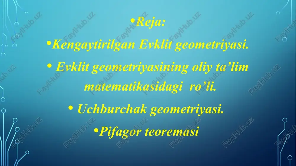 bilan ma’lum bo’lgan geometriya fanining asosi hisoblanadi. evklid geometriyasi - miloddan avallgi 3- asrda yevklid izchil asoslagan geometriya. paralellik aksiomalasiga hamda mutloq geometriyaga aksiomalari sistemalari deb ataluvchi aksiomalarga asoslangan. evklid geometriyasi aksiomalar sistemalari nuqta, to’g’ri chiziq va tekislik orasidagi munosabatlarga suyanadi. evklid geometriyasi birinchi martta izchil ravishda yevklid “negizlari” da bayon etilgan. evklid geometriyasidan farrqli geometriyani birinchi marta rus geometri n.i. lobachevskiy yaratdi. evklid geometriyasi o’rta maktabda o’qitiladi va “elementar geometriya” deb ataladi. yevklidning soha bo’yicha avvalgi hamkasblari – fales, pifagor, aristotel va boshqalar geometriyaning rivoji uchun katta ko’lamdagi ishlarni amalga oshirishgan edi. lekin, ularning barcha ilmiy ishlari geometriyaning alohida qism va yo’nalishlarga taalluqli bo’lib, yaxlit mantiqiy izchillikka ega bo’lmagan. yevklidning zamondoshlarini ham va undan keyingilarini ham “boshlang’ichlar” dagi keltirilgan ma’lumotlar va ilmiy asoslarni mantiqiy izchilligini va tizimlashganligini lol qoldirib kelgan. “boshlang’ichlar” 13 ta kitobdan iborat yagona ilmiy asarni nomoyon qiladi. 13 ta kitobdan har biri , shu kitobda qo’llaniladigan …