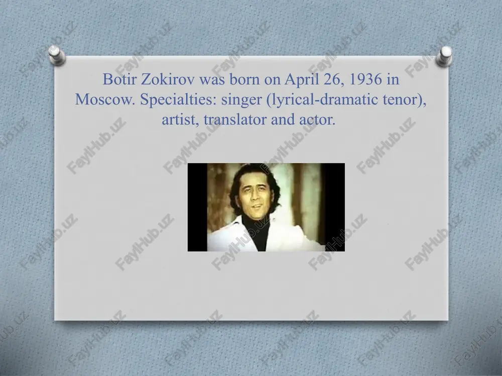 e original (each in his own language). botir zokirov's works such as "self-portrait", "cancer", "domes", "childhood street", "chor minor" are known. he wrote a number of short stories, essays and poems, as well as the libretto of the opera "tiger of the sogdian people" (i.akbarov). he translated "the little prince" (a. de saint-exupery), "shadow" (ye.shwars) into uzbek. as a film actor: ("when the flowers open") he played the role of a young engineer. in "fiery roads" he played the role of robintranath tagore, and in the film "the youth of daho" he played the role of abdullah. botir zokirov died on january 23, 1985 in tashkent. thank you for your attention. image3.jpeg image4.png image5.jpeg image6.jpeg image7.jpeg image8.jpeg image9.jpeg image10.jpeg image11.jpeg image12.jpeg image13.jpeg image14.jpeg image15.jpeg image16.jpeg image17.jpeg /docprops/thumbnail.jpeg